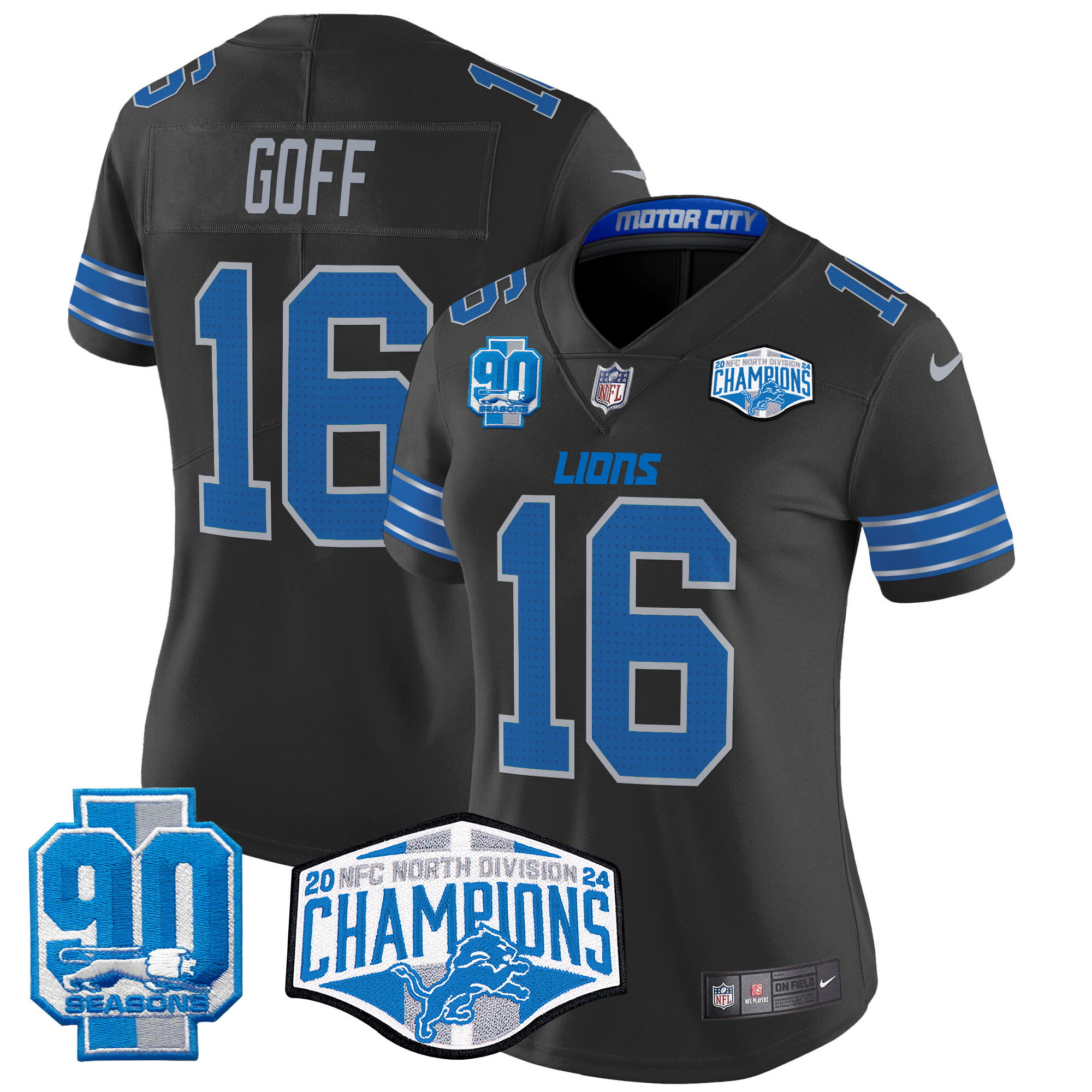 Women's Jared Goff Detroit Lions 2024 NFC North Division Champions Patch Vapor Limited Black Jersey - All Stitched