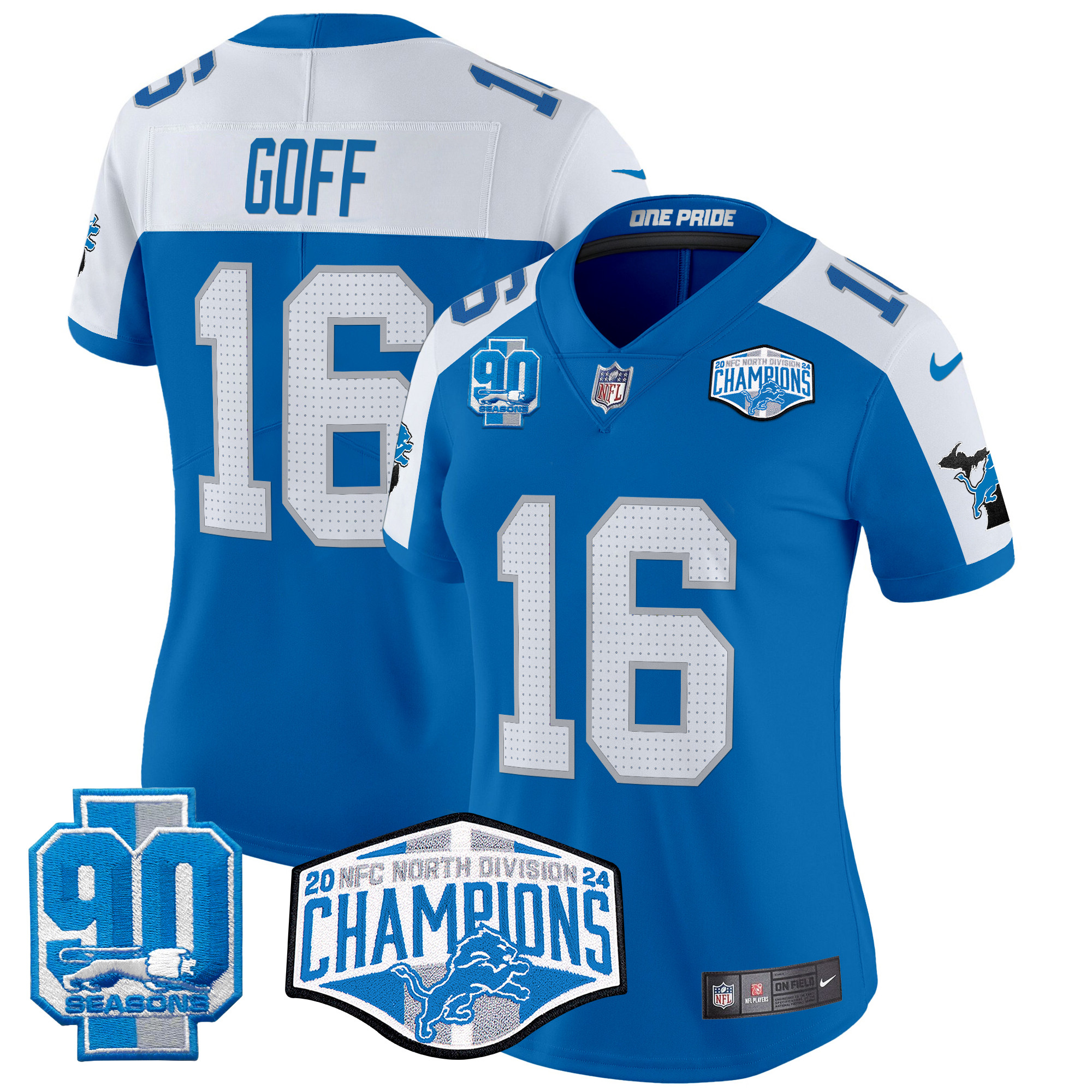 Women's Jared Goff Detroit Lions 2024 NFC North Division Champions Patch Vapor Limited Blue Alternate Jersey - All Stitched