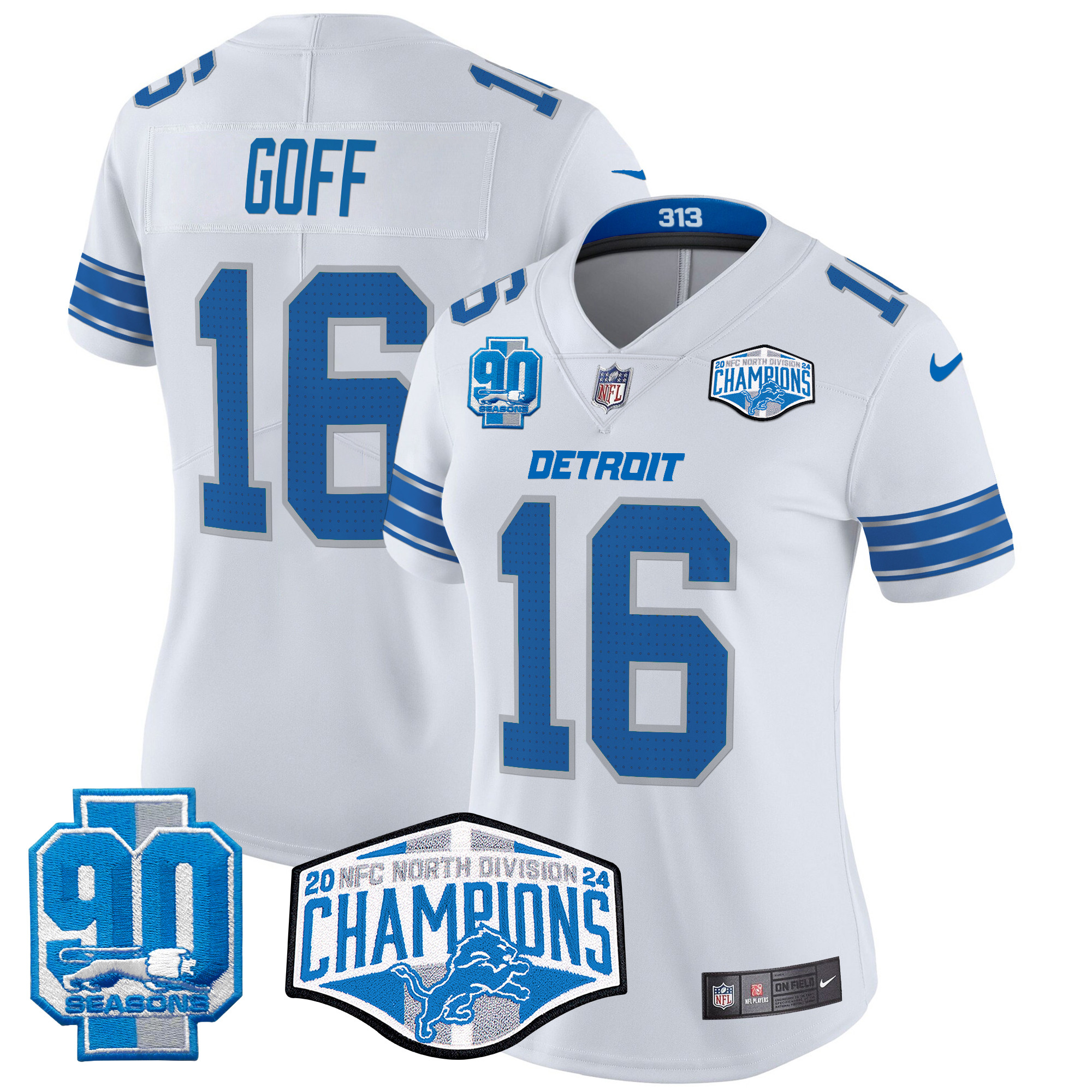 Women's Jared Goff Detroit Lions 2024 NFC North Division Champions Patch Vapor Limited White Jersey - All Stitched