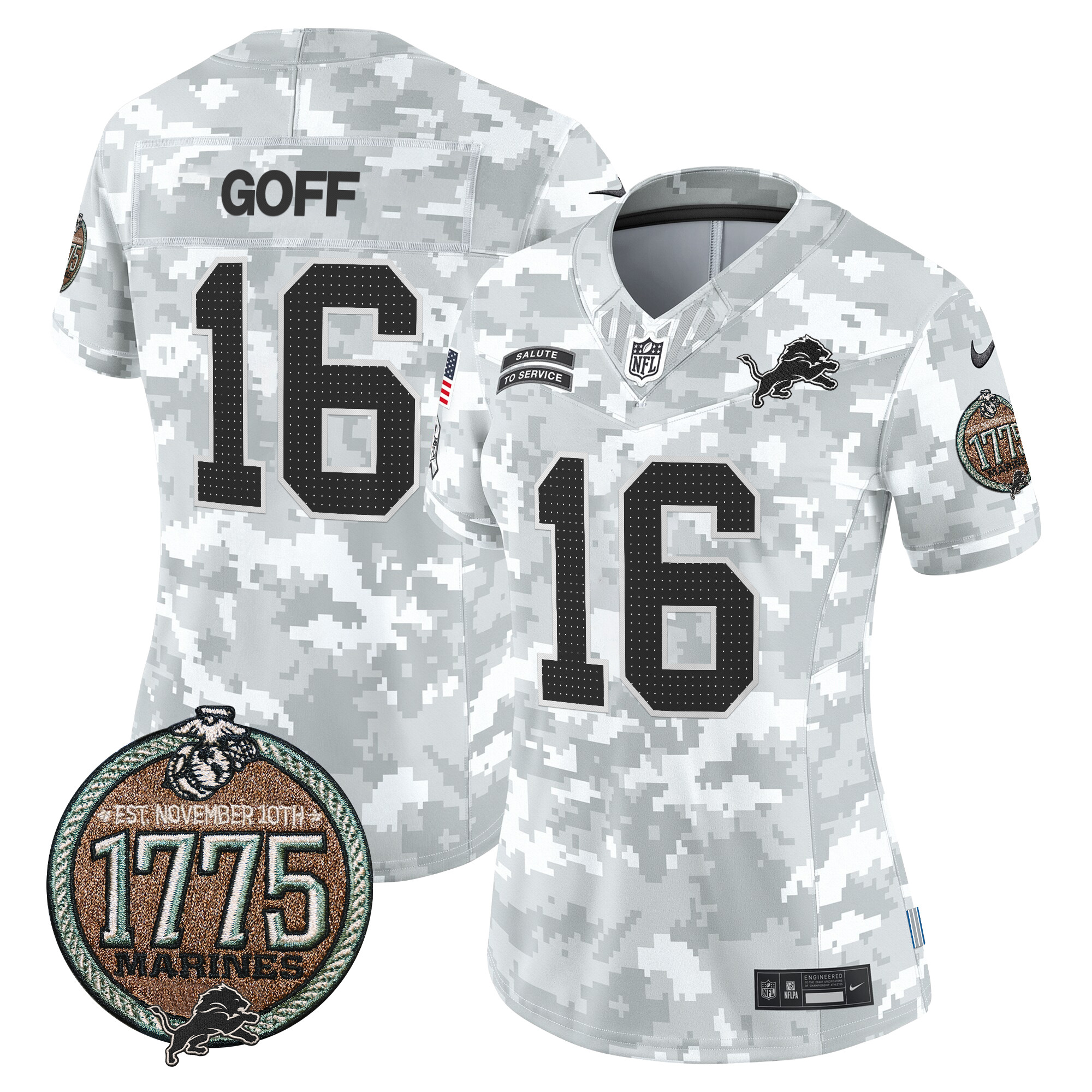 Women's Jared Goff Detroit Lions 2024 Salute to Service Establishment Year Patch Vapor Limited Marines Jersey - All Stitched