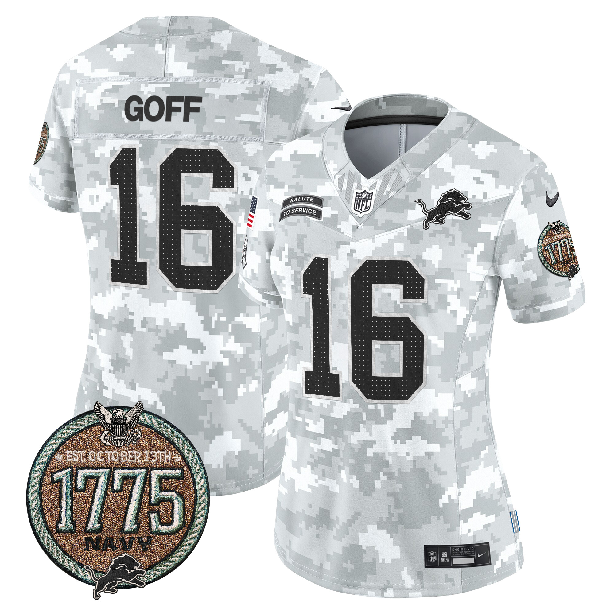 Women's Jared Goff Detroit Lions 2024 Salute to Service Establishment Year Patch Vapor Limited Navy Jersey - All Stitched