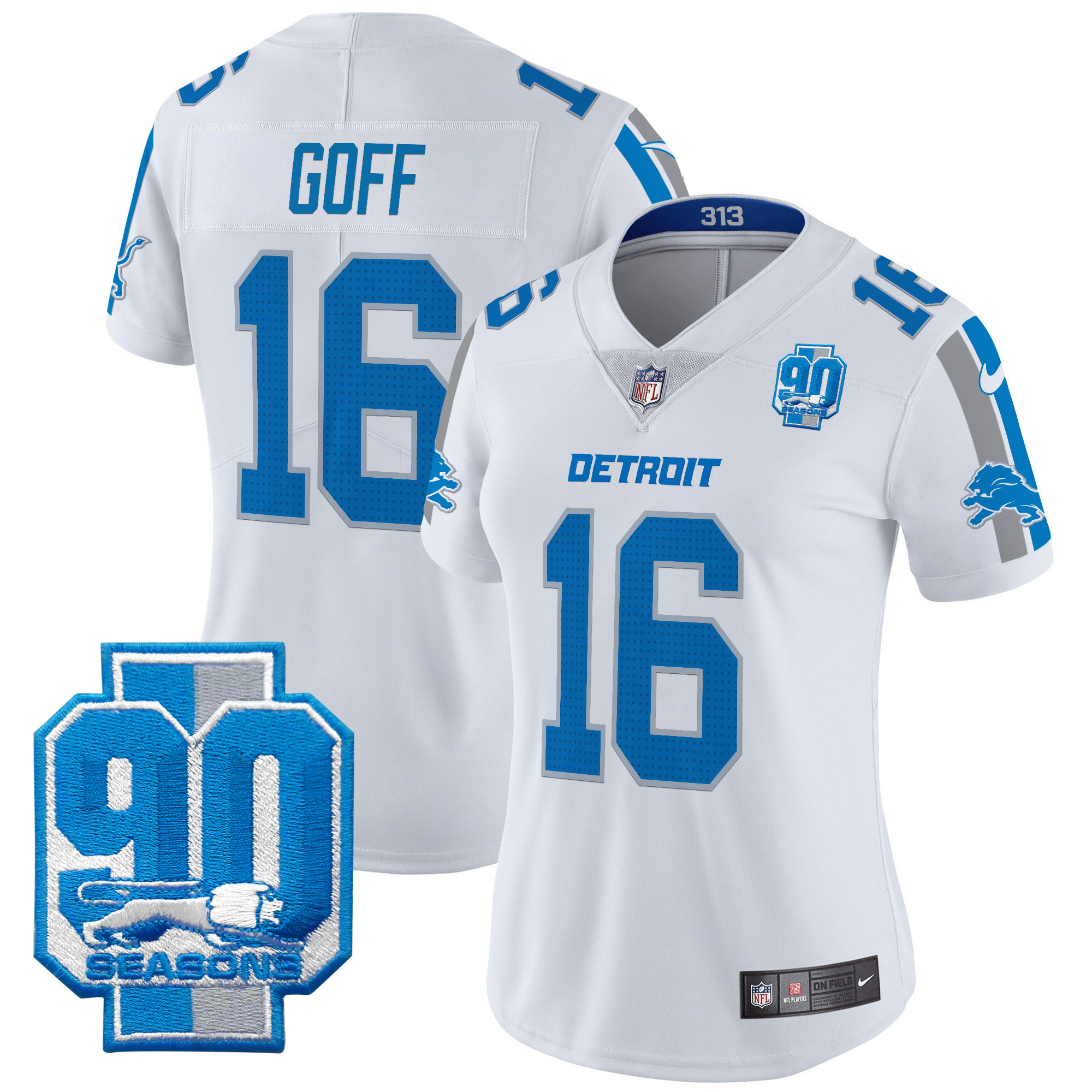 Women's Jared Goff Detroit Lions 90th Year Patch Vapor Limited White Jersey - All Stitched