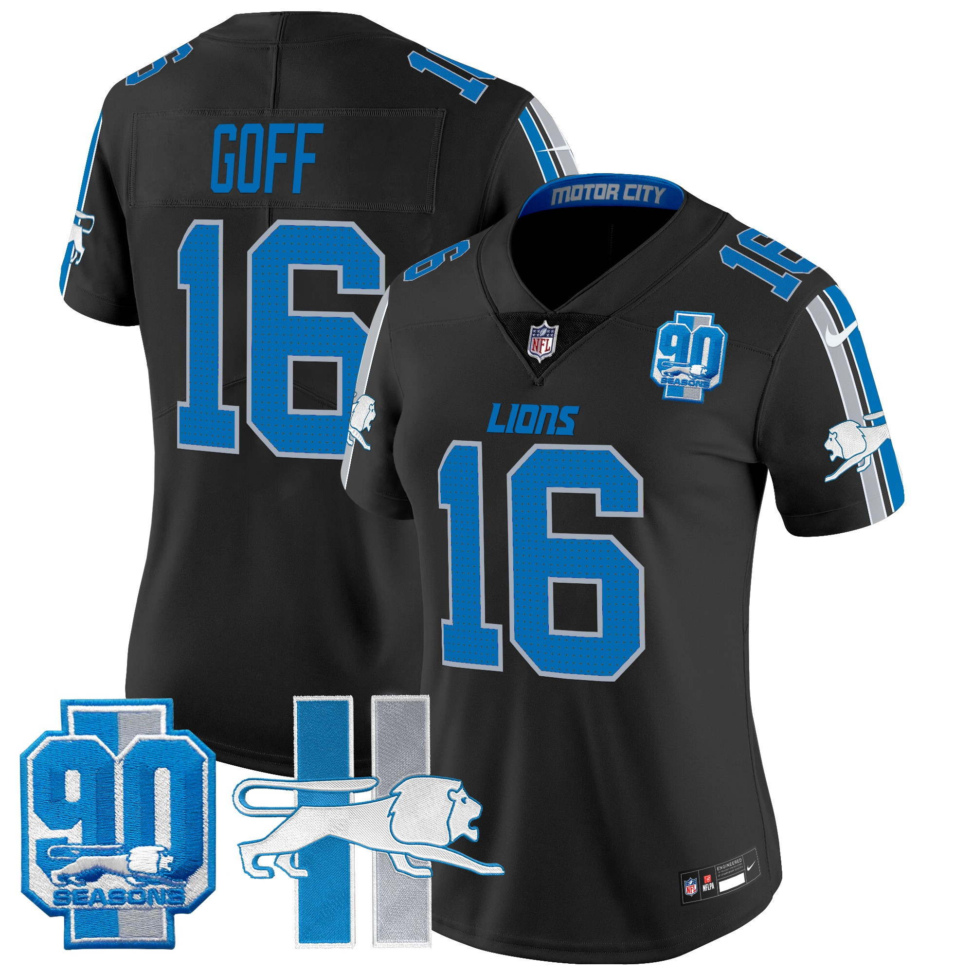 Women's Jared Goff Detroit Lions Throwback 90th Year Patch Vapor Limited Black Jersey - All Stitched
