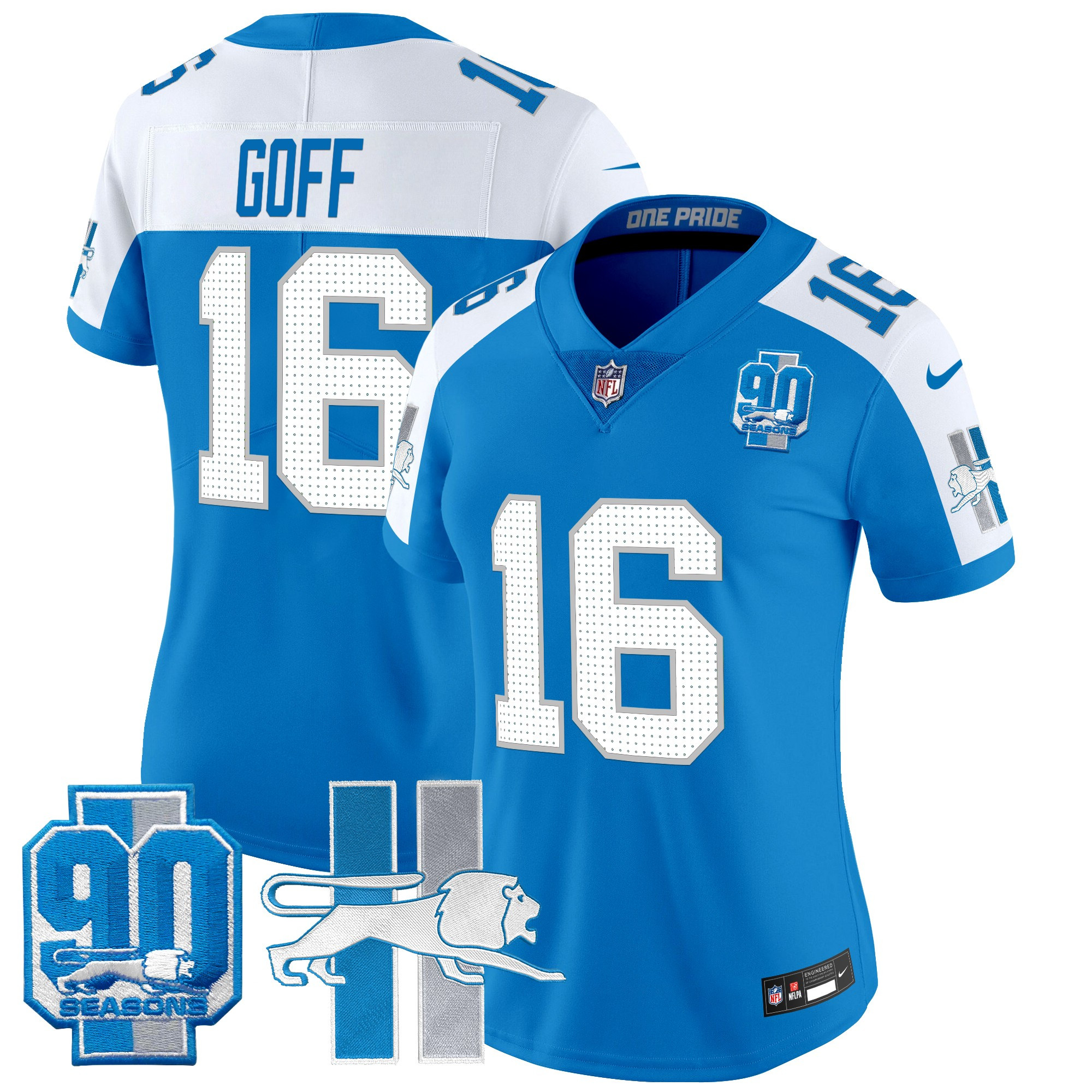 Women's Jared Goff Detroit Lions Throwback 90th Year Patch Vapor Limited Blue Alternate Jersey - All Stitched