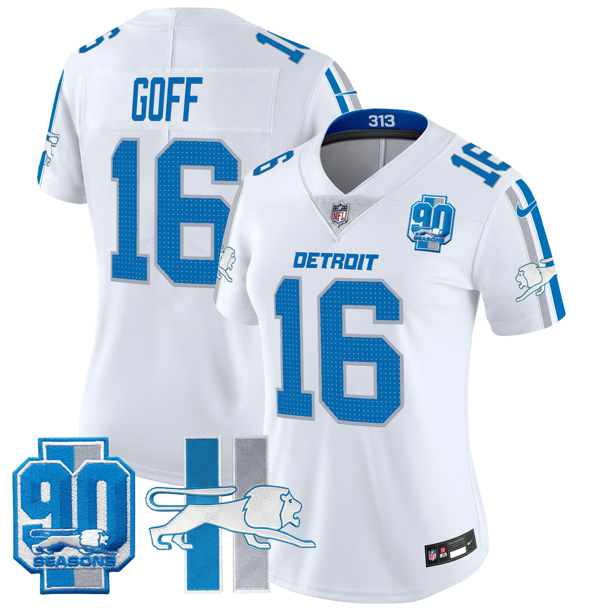 Women's Jared Goff Detroit Lions Throwback 90th Year Patch Vapor Limited White Jersey - All Stitched