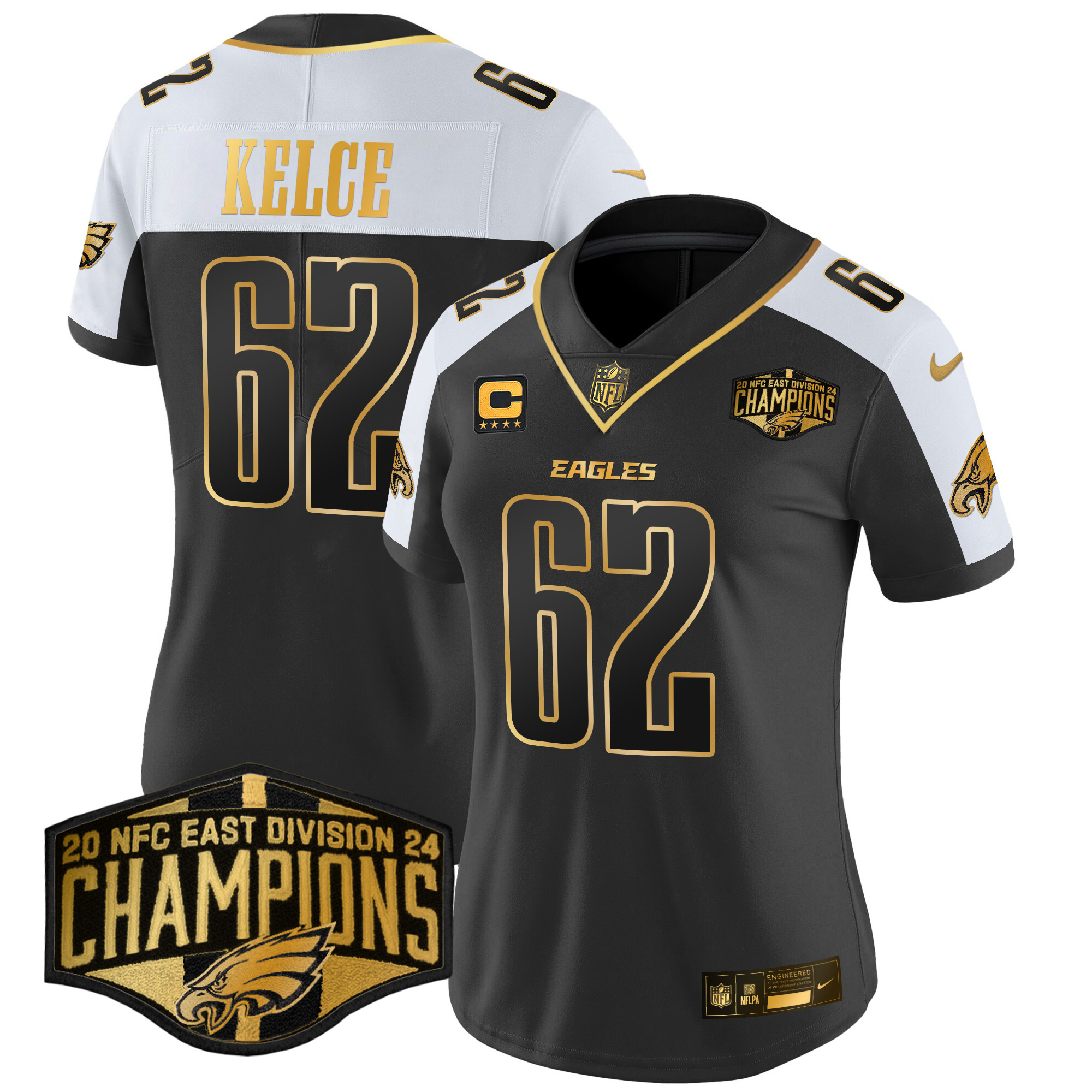 Women's Jason Kelce Philadelphia Eagles 2024 NFC East Division Champions Gold Vapor Limited Alternate Jersey - All Stitched