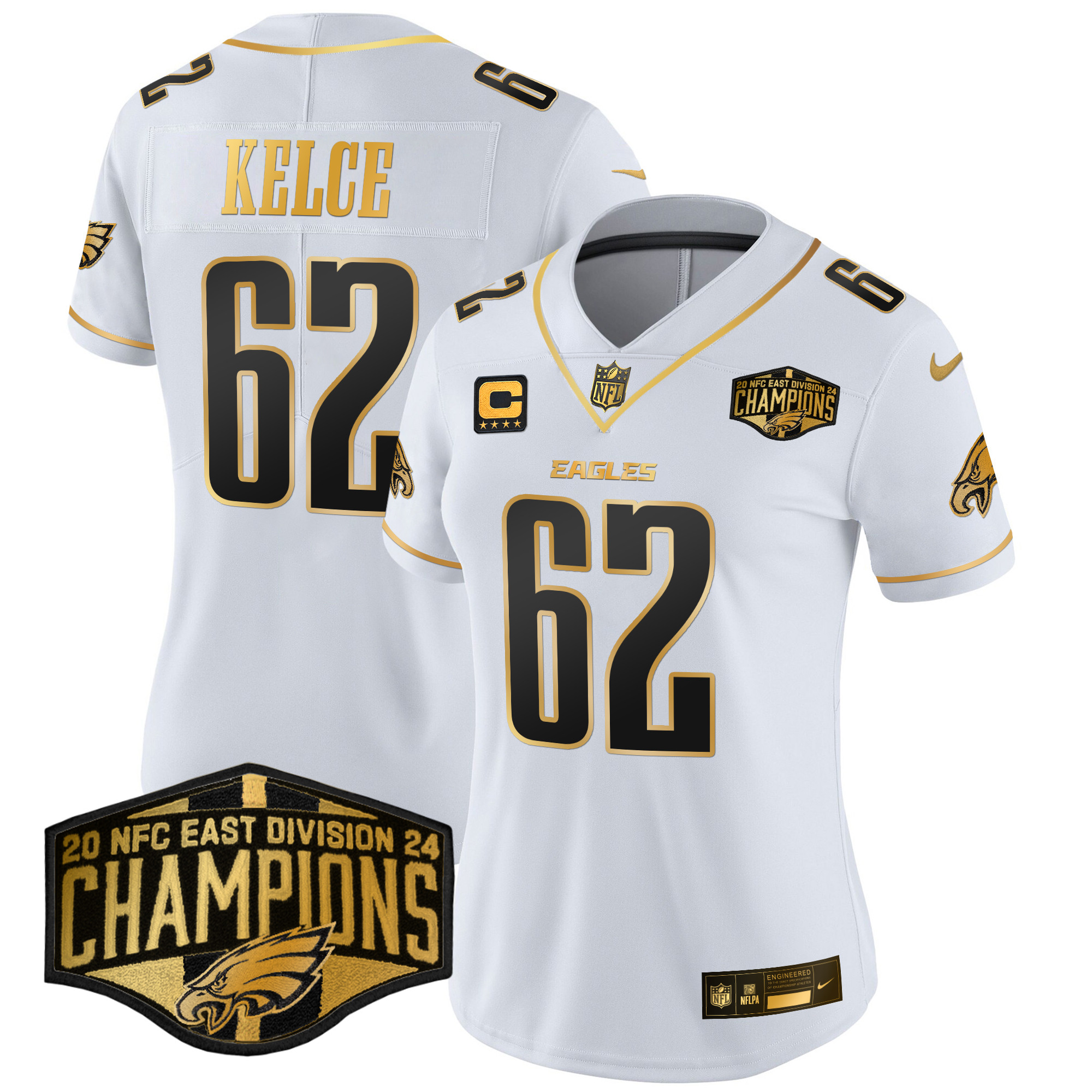 Women's Jason Kelce Philadelphia Eagles 2024 NFC East Division Champions Gold Vapor Limited White Gold Jersey - All Stitched