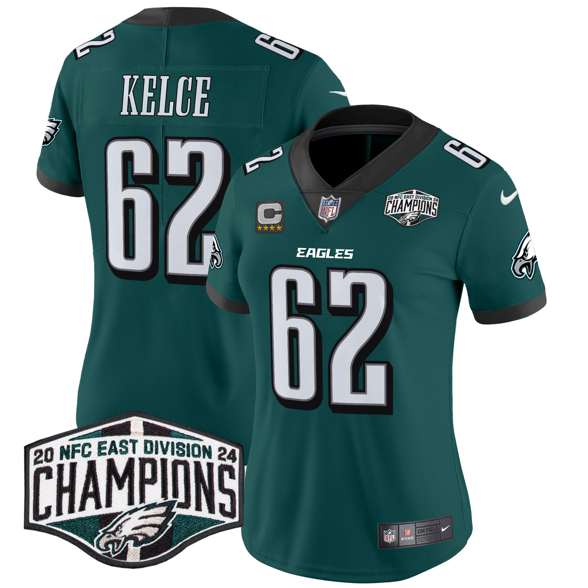 Women's Jason Kelce Philadelphia Eagles 2024 NFC East Division Champions Vapor Limited Midnight Green Jersey - All Stitched
