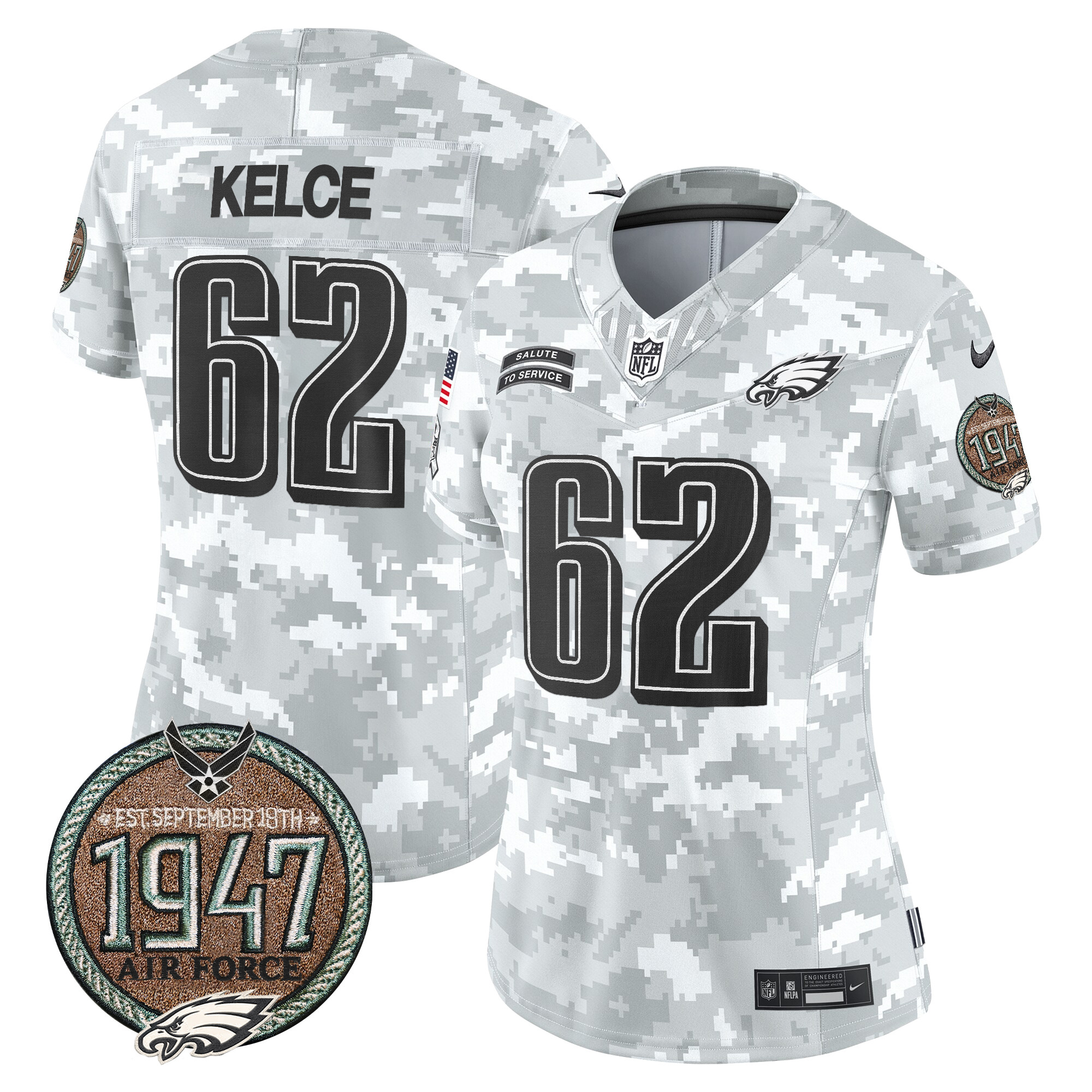 Women's Jason Kelce Philadelphia Eagles 2024 Salute to Service Establishment Year Patch Vapor Limited Air Force Jersey - All Stitched