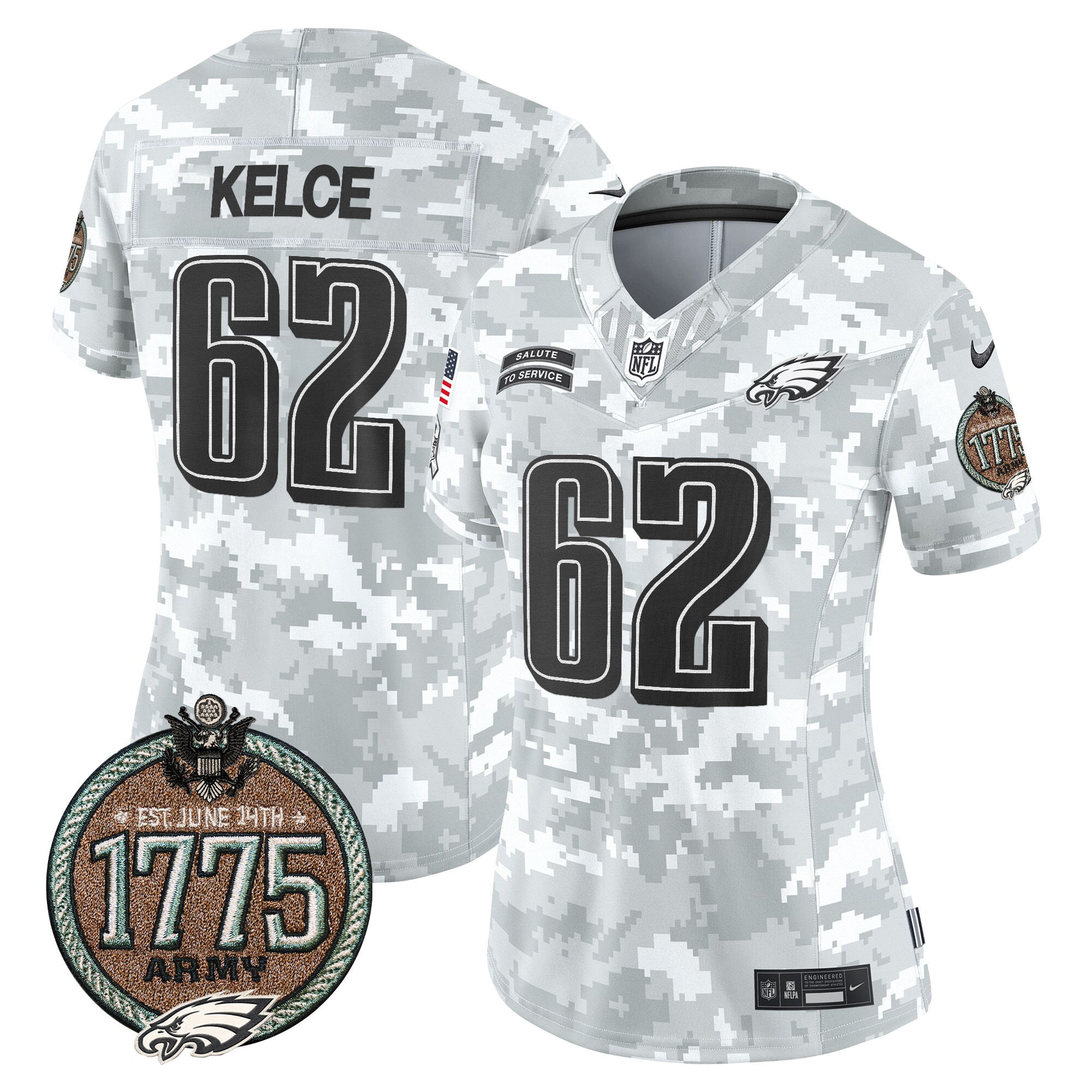 Women's Jason Kelce Philadelphia Eagles 2024 Salute to Service Establishment Year Patch Vapor Limited Army Jersey - All Stitched