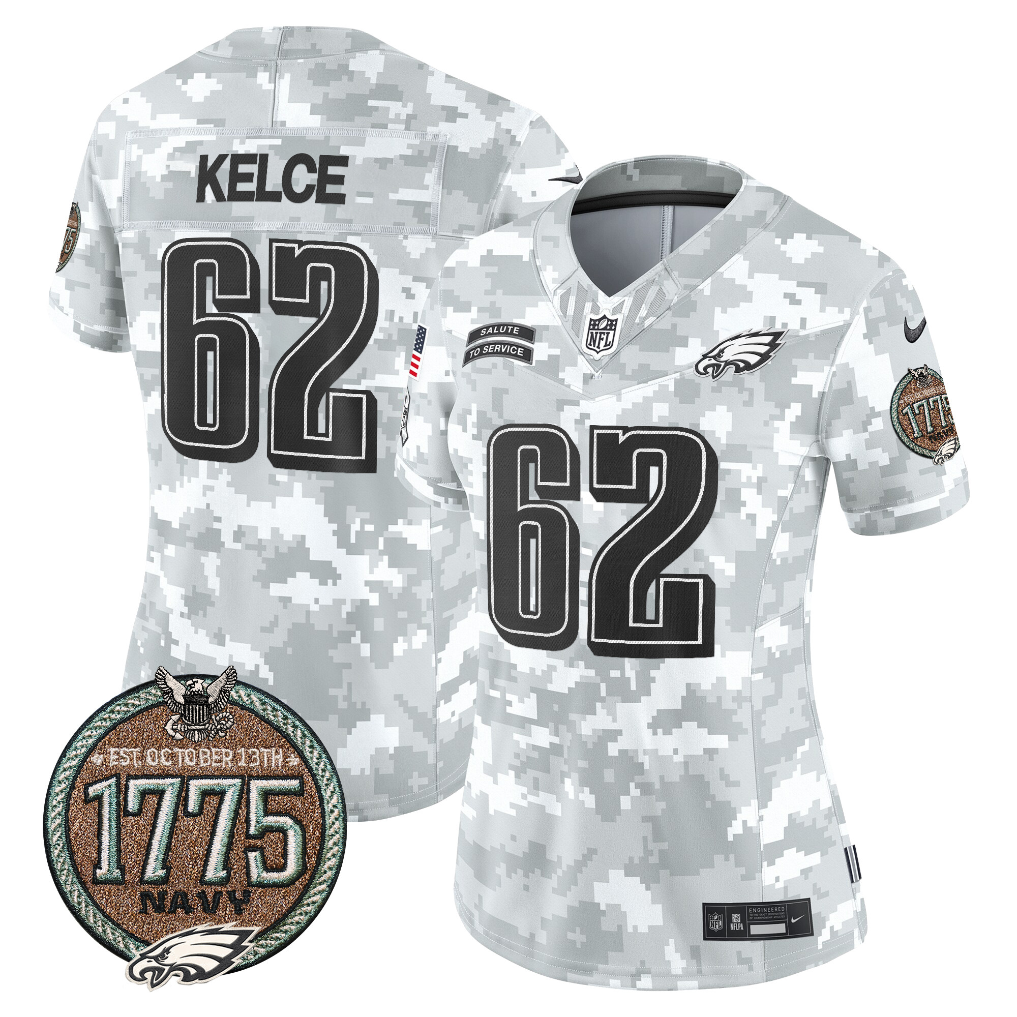 Women's Jason Kelce Philadelphia Eagles 2024 Salute to Service Establishment Year Patch Vapor Limited Navy Jersey - All Stitched