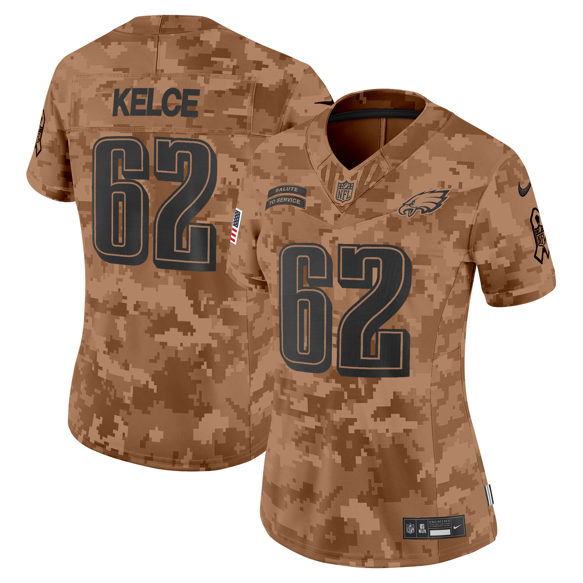 Women's Jason Kelce Philadelphia Eagles 2024 Salute to Service Vapor Limited Brown Camo Jersey - All Stitched