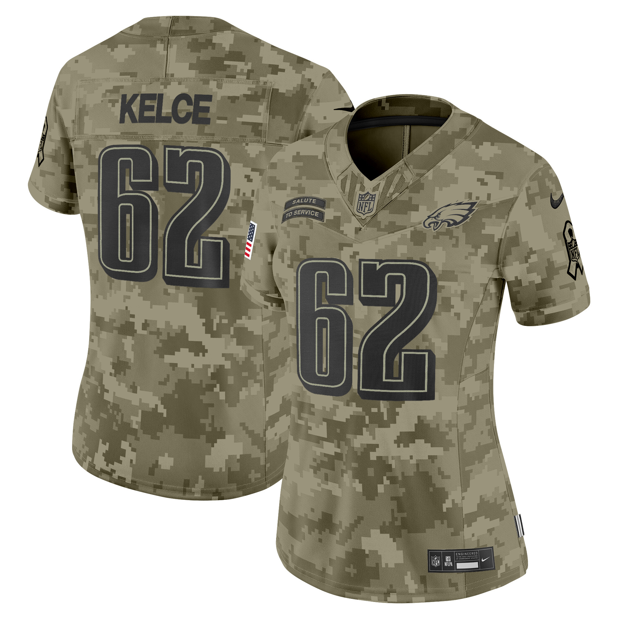 Women's Jason Kelce Philadelphia Eagles 2024 Salute to Service Vapor Limited Olive Camo Jersey - All Stitched