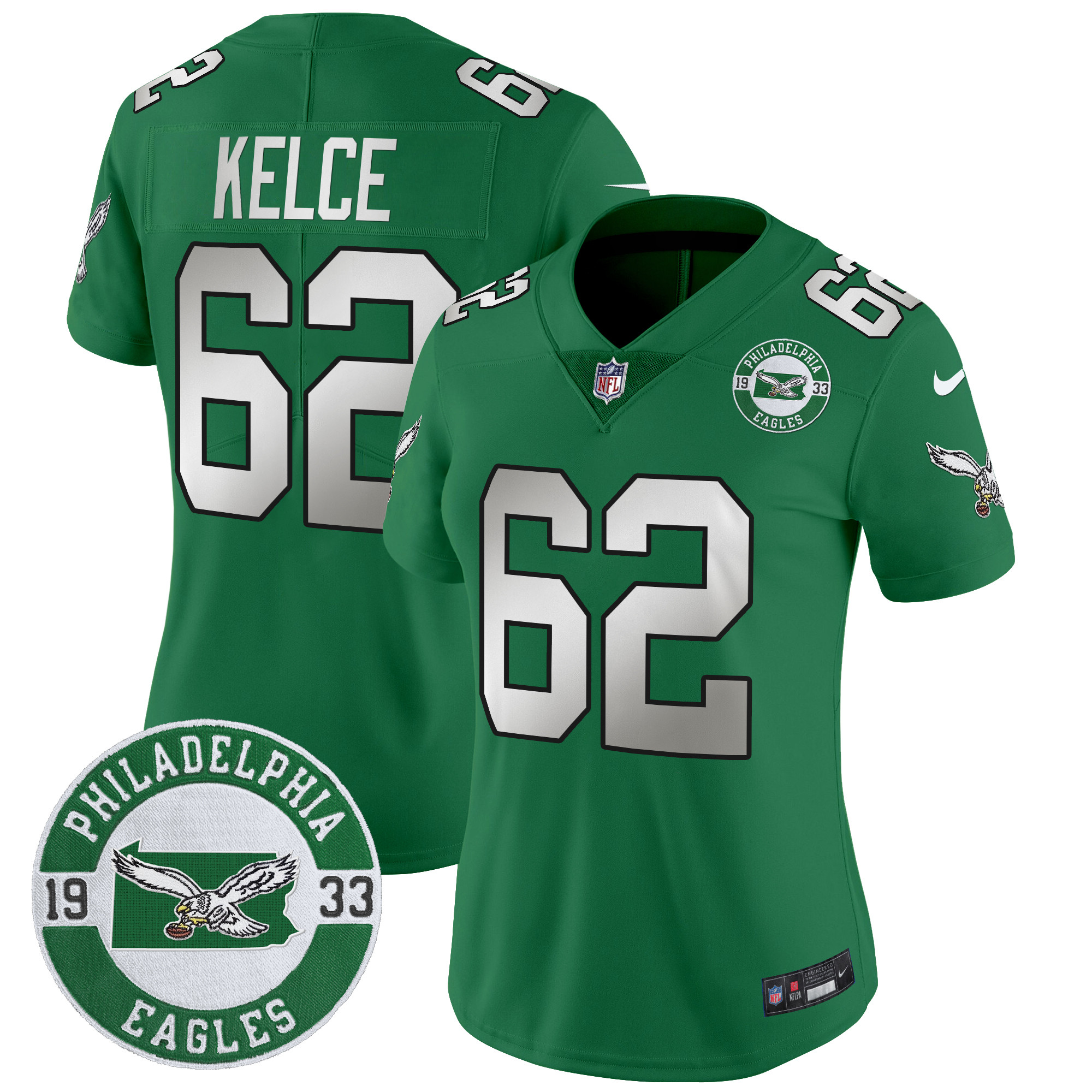 Women's Jason Kelce Philadelphia Eagles 2024 Throwback Vapor Limited Kelly Green Jersey - All Stitched