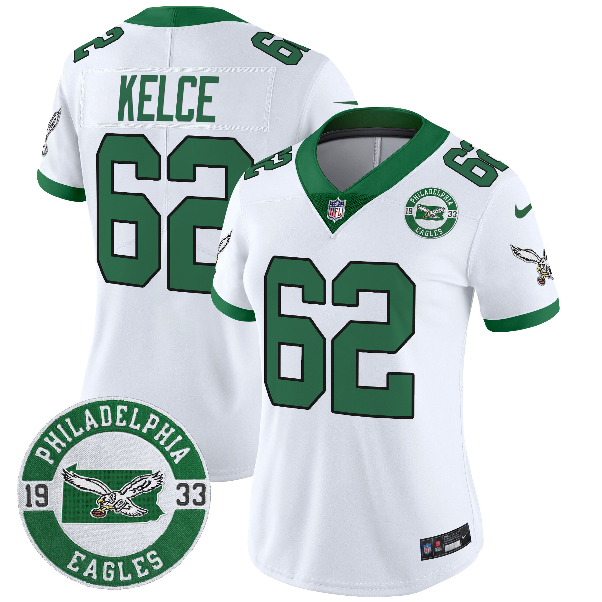 Women's Jason Kelce Philadelphia Eagles 2024 Throwback Vapor Limited Kelly White Jersey - All Stitched