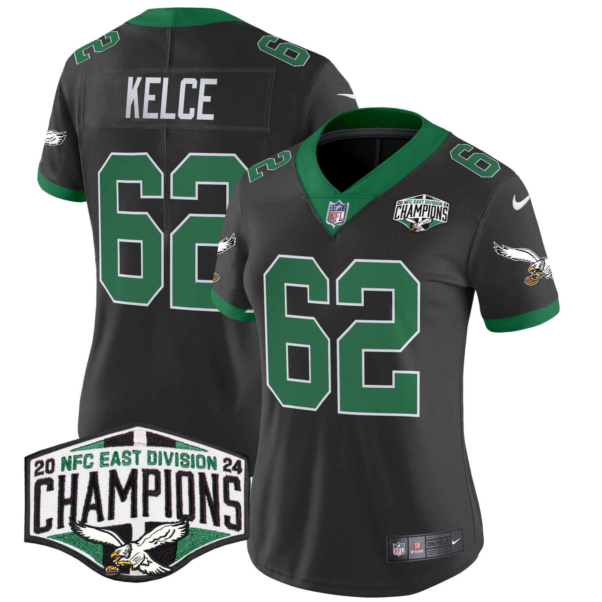 Women's Jason Kelce Philadelphia Eagles Kelly Green 2024 NFC East Division Champions Vapor Limited Black Jersey - All Stitched
