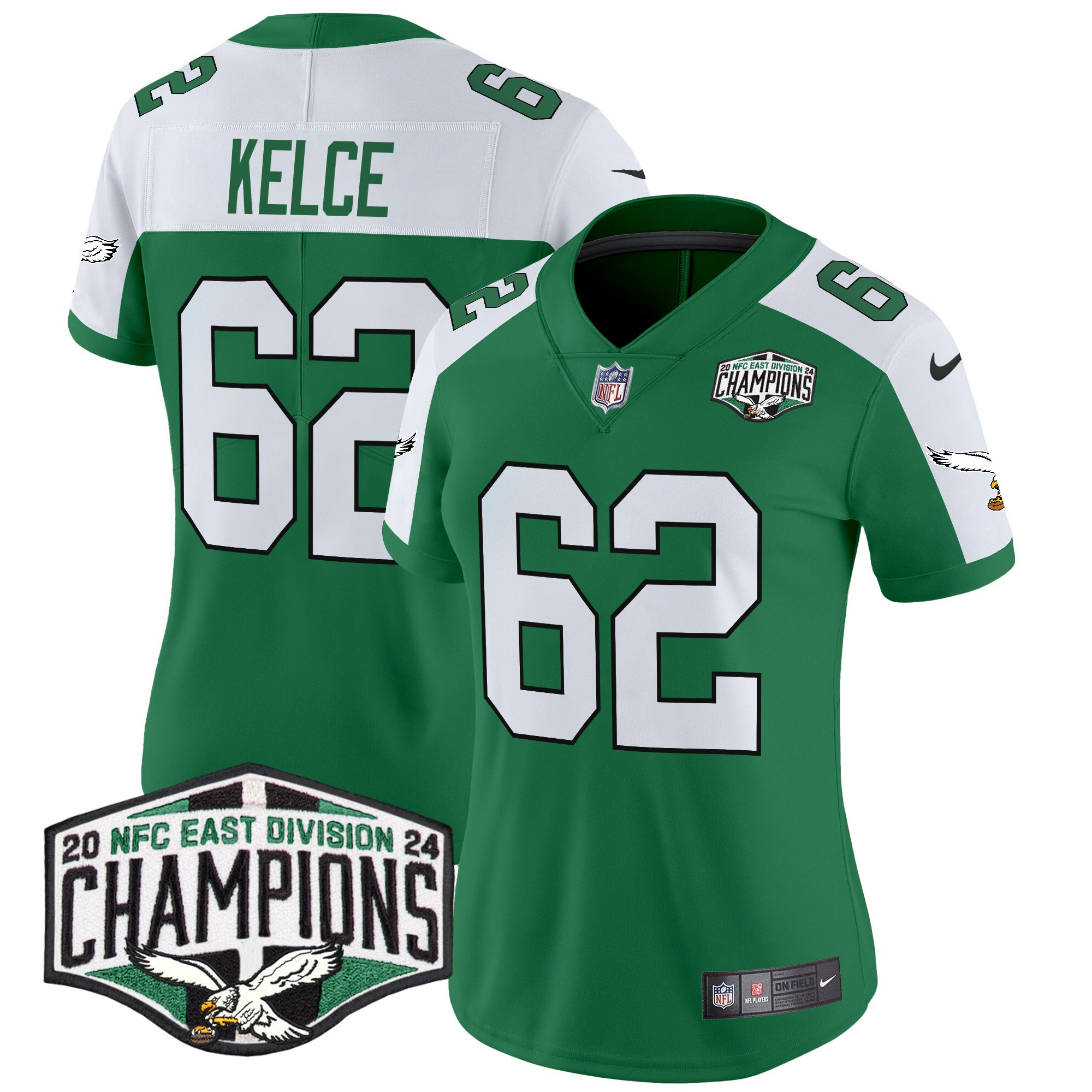 Women's Jason Kelce Philadelphia Eagles Kelly Green 2024 NFC East Division Champions Vapor Limited Kelly Alternate Jersey - All Stitched