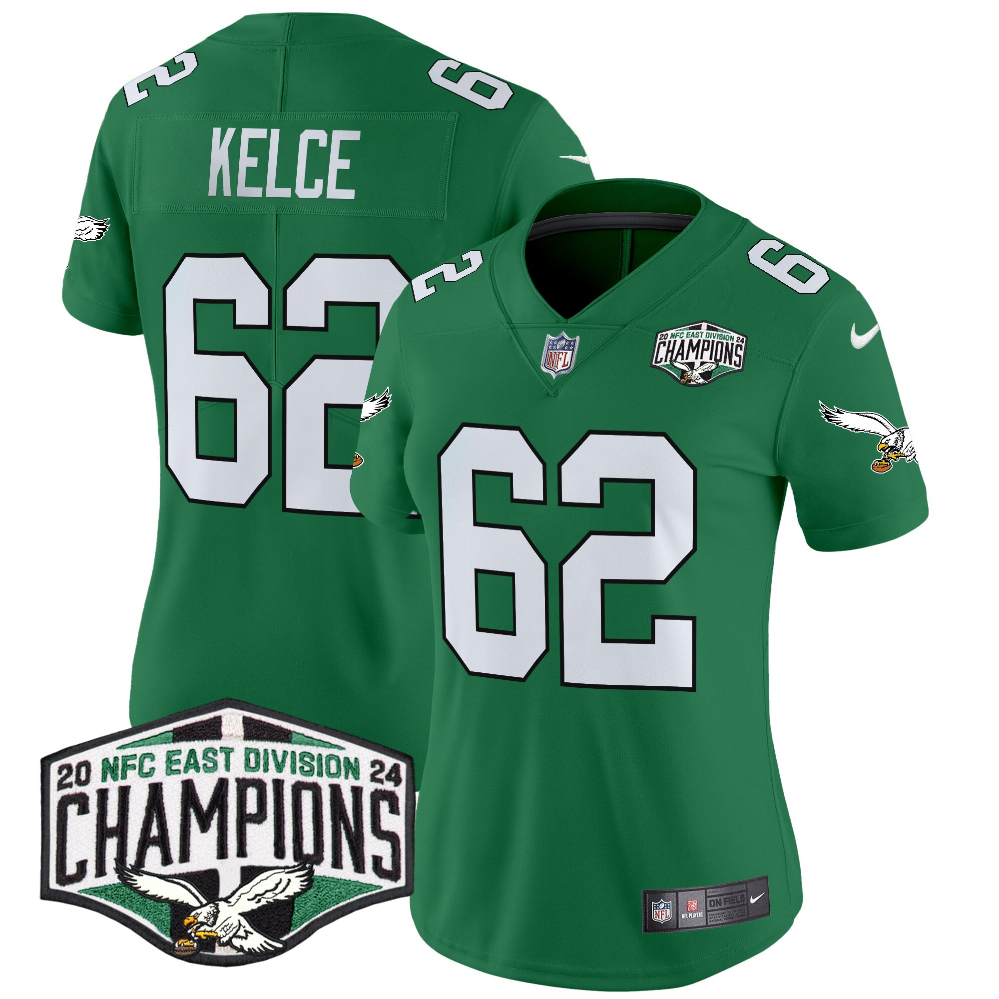 Women's Jason Kelce Philadelphia Eagles Kelly Green 2024 NFC East Division Champions Vapor Limited Kelly Green Jersey - All Stitched