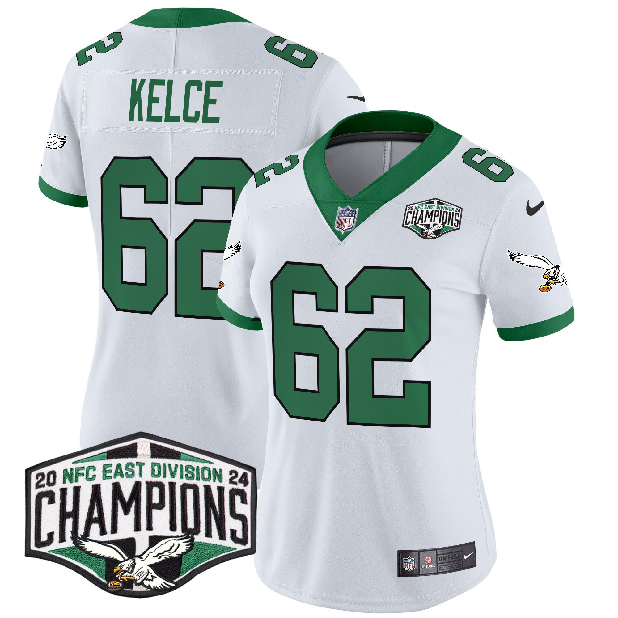 Women's Jason Kelce Philadelphia Eagles Kelly Green 2024 NFC East Division Champions Vapor Limited Kelly White Jersey - All Stitched