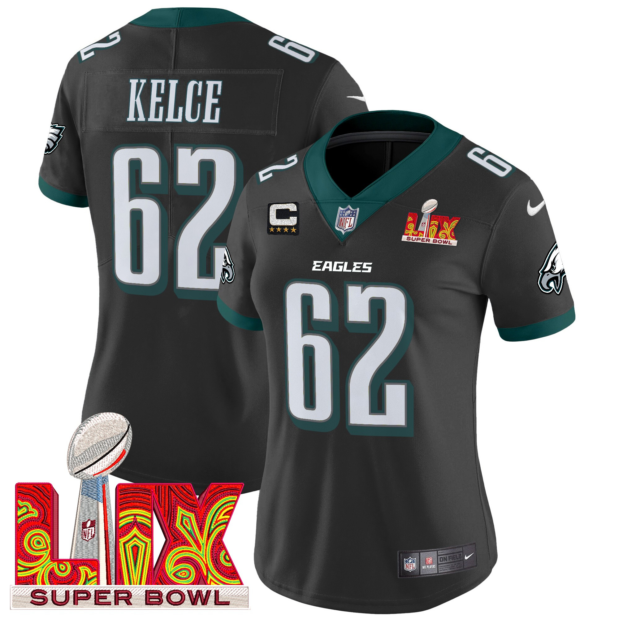 Women's Jason Kelce Philadelphia Eagles Super Bowl LIX Patch Vapor Limited Black Jersey - All Stitched