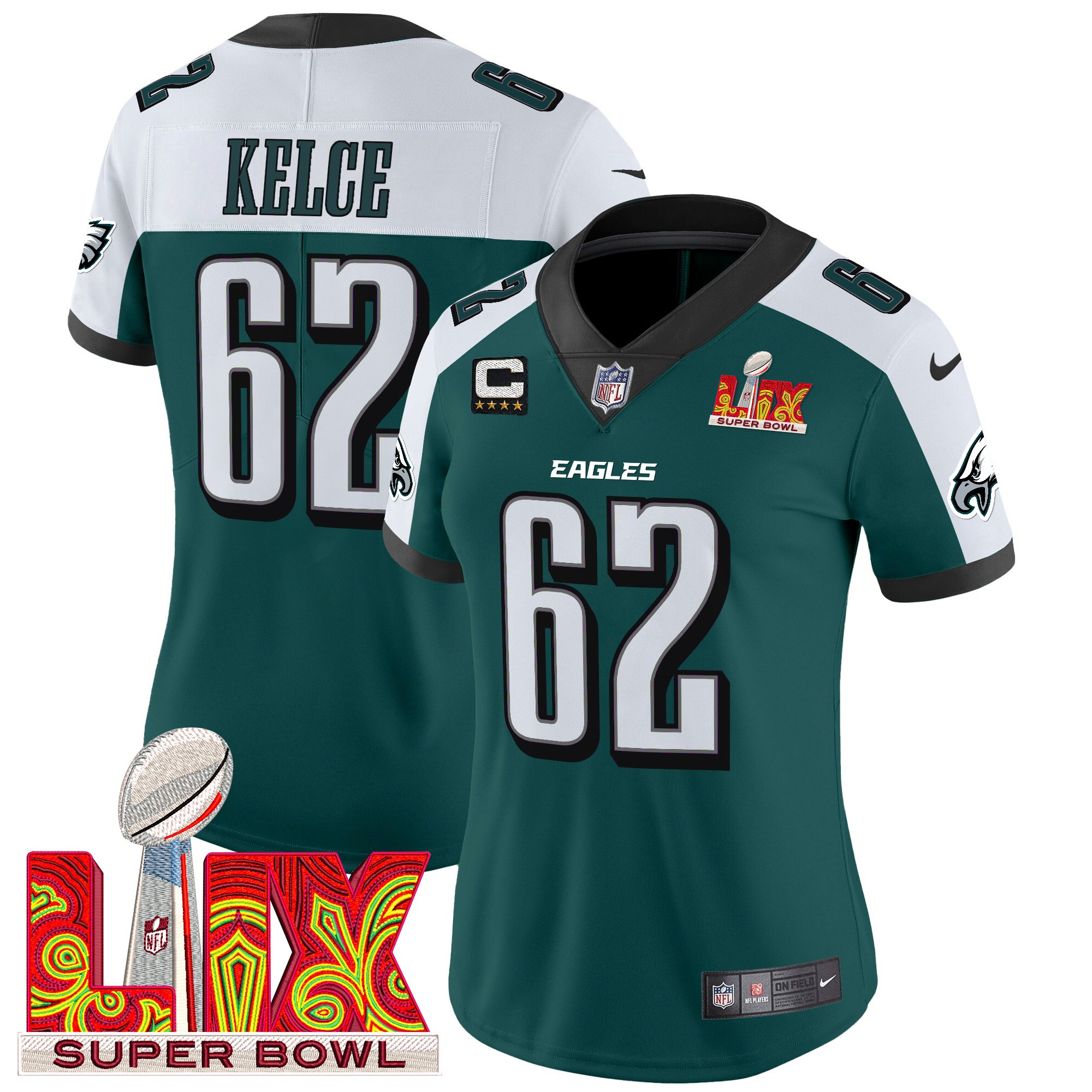 Women's Jason Kelce Philadelphia Eagles Super Bowl LIX Patch Vapor Limited Green Alternate Jersey - All Stitched