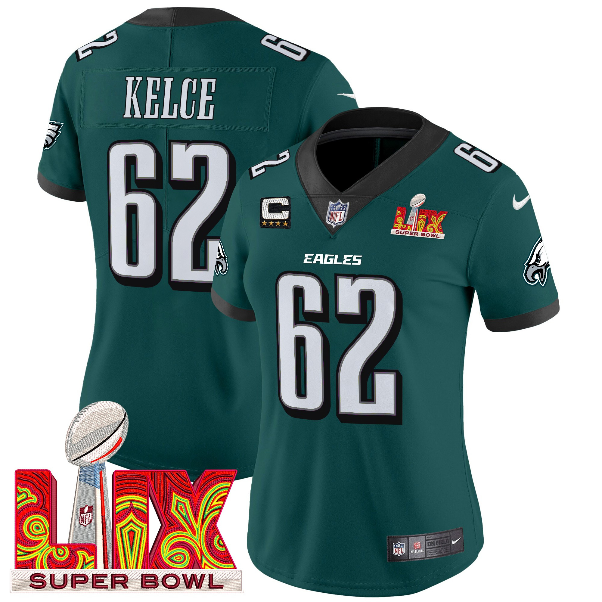 Women's Jason Kelce Philadelphia Eagles Super Bowl LIX Patch Vapor Limited Midnight Green Jersey - All Stitched