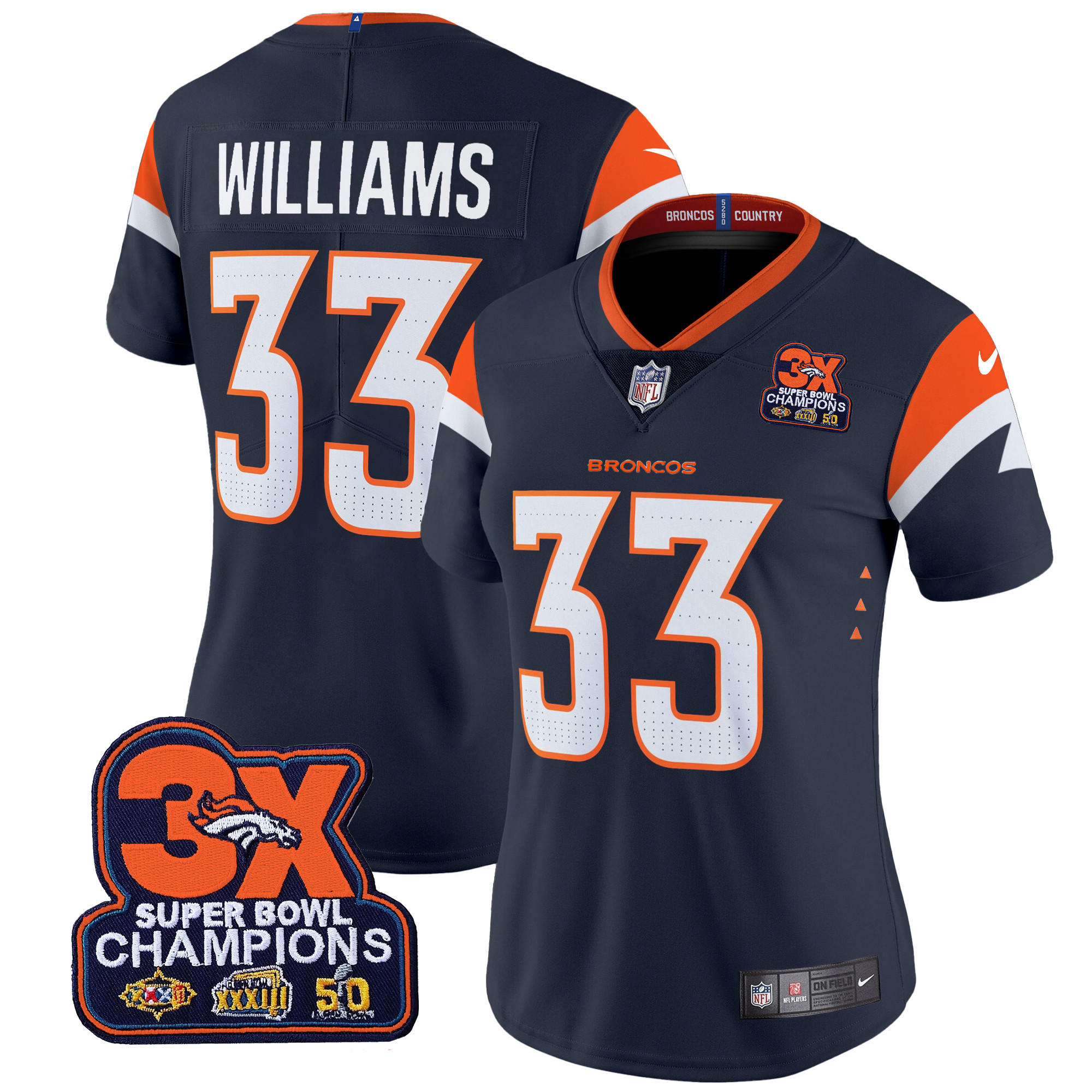 Women's Javonte Williams Denver Broncos 3-Time Champions Patch Vapor Limited Navy Jersey - All Stitched