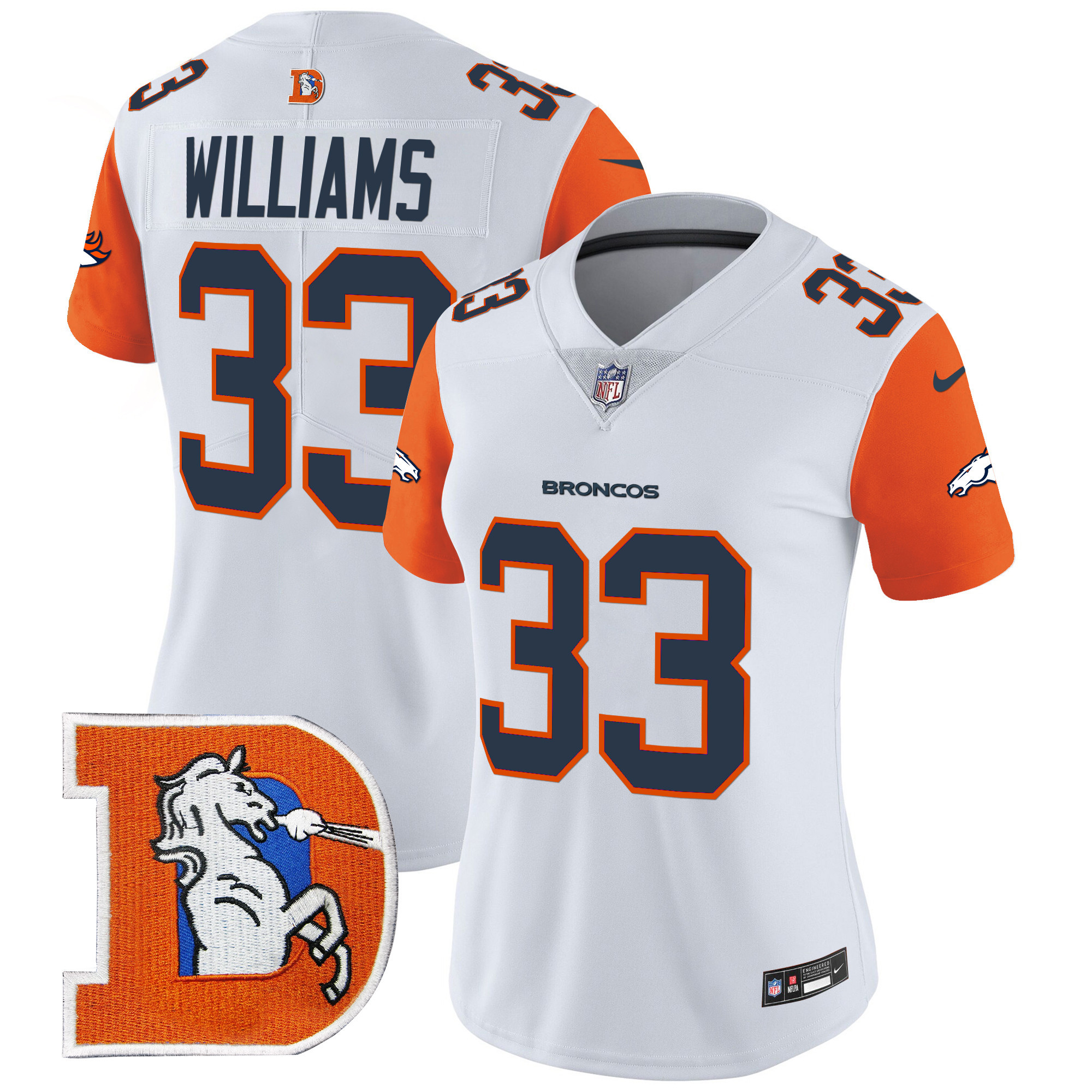 Women's Javonte Williams Denver Broncos Throwback Vapor Limited Orange Sleeves Jersey - All Stitched