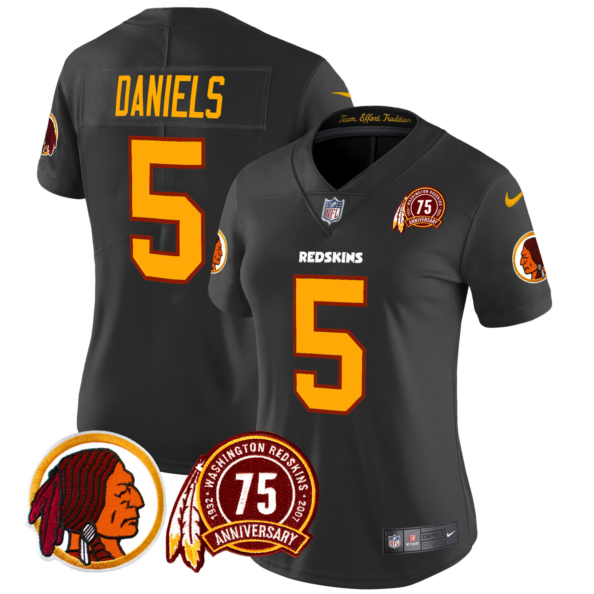 Women's Jayden Daniels Washington Commanders 75th Patch Throwback Vapor Limited Black Jersey - All Stitched