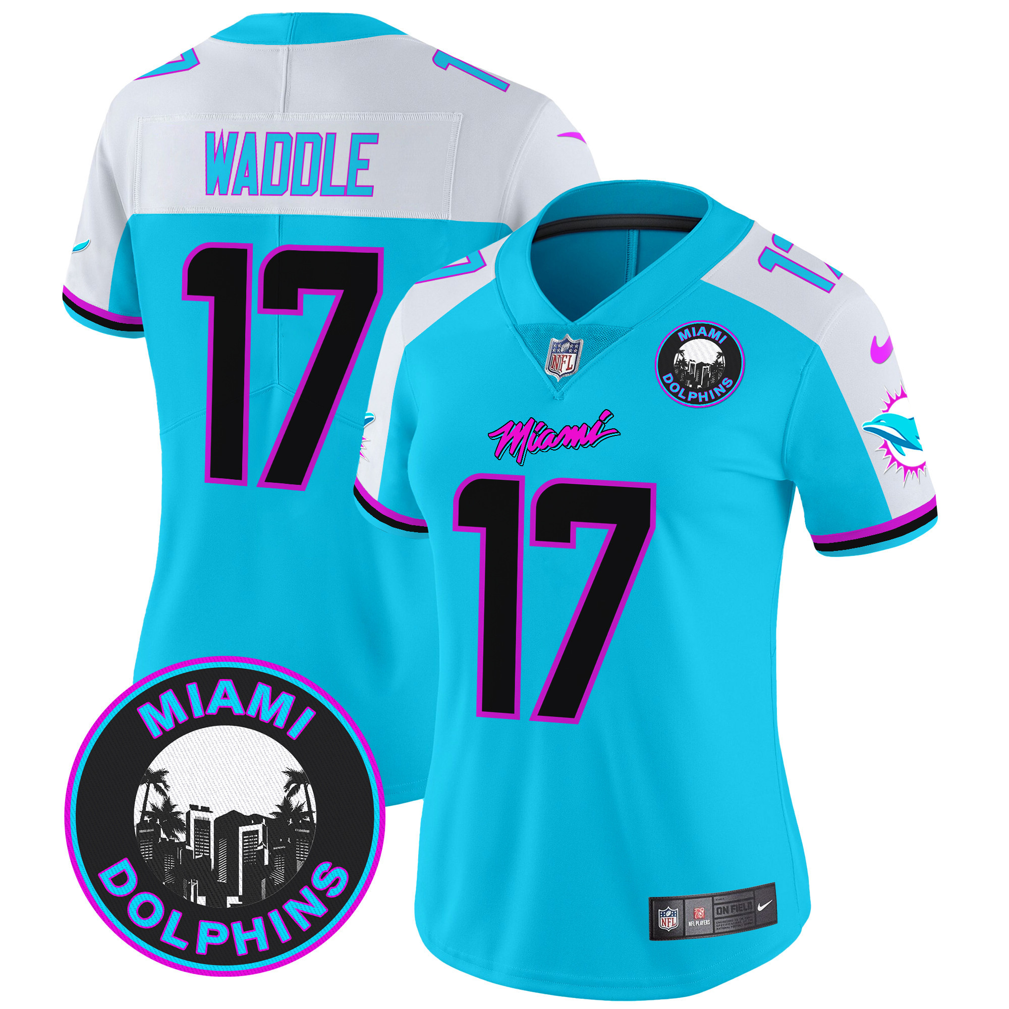 Women's Jaylen Waddle Miami Dolphins "Miami Vice" Vapor Limited Aqua Alternate Jersey V3 - All Stitched