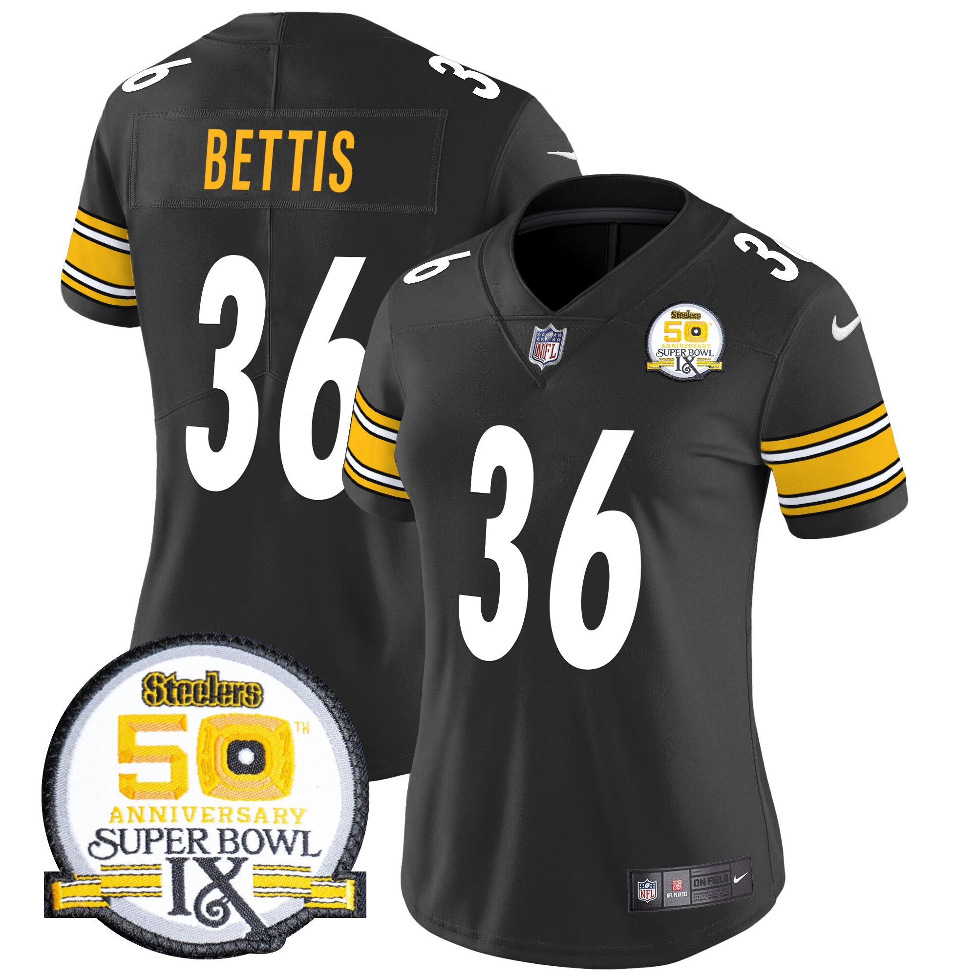 Women's Jerome Bettis Pittsburgh Steelers 50th Anniversary Of Super Bowl IX Patch Vapor Limited Black Jersey - All Stitched