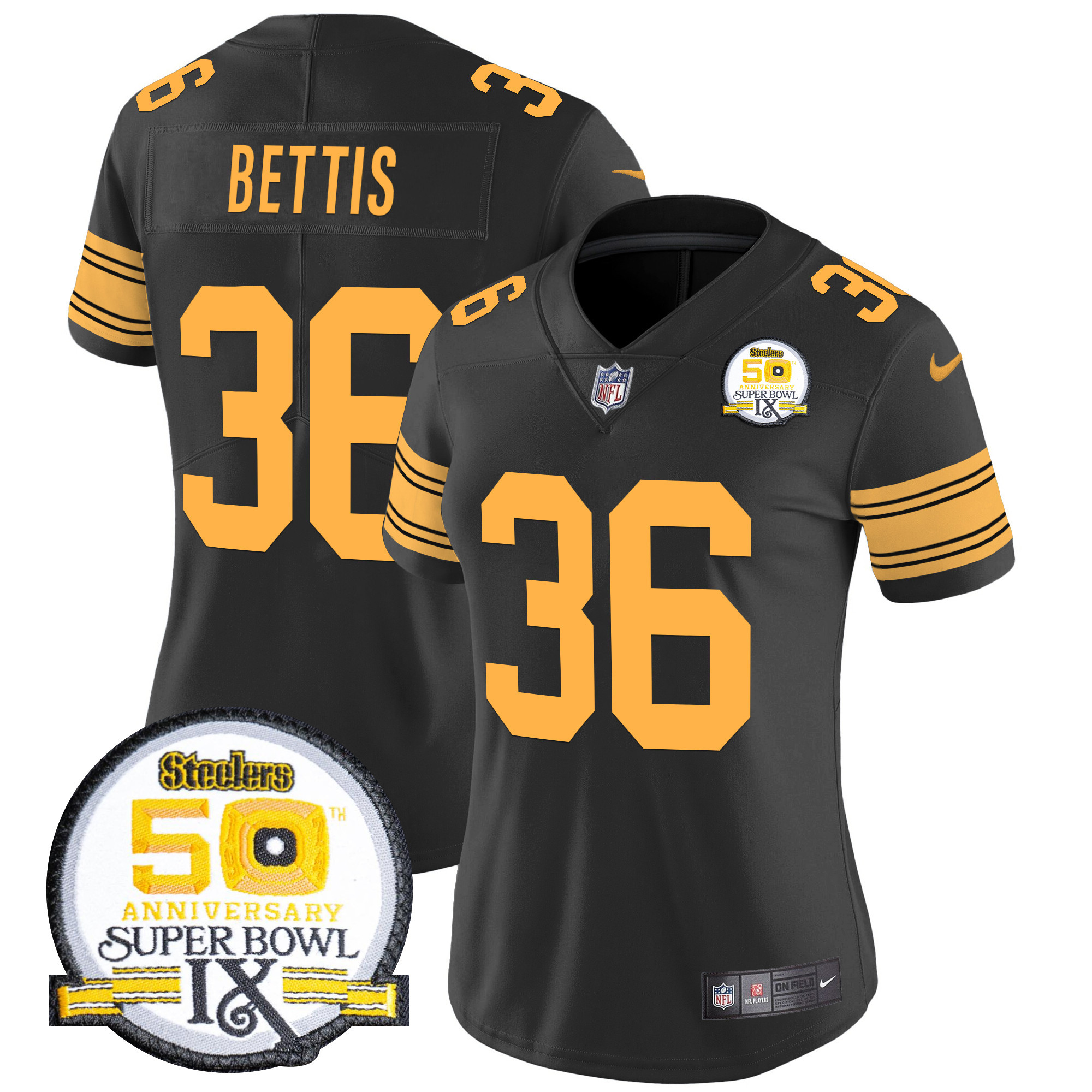 Women's Jerome Bettis Pittsburgh Steelers 50th Anniversary Of Super Bowl IX Patch Vapor Limited Color Rush Jersey - All Stitched