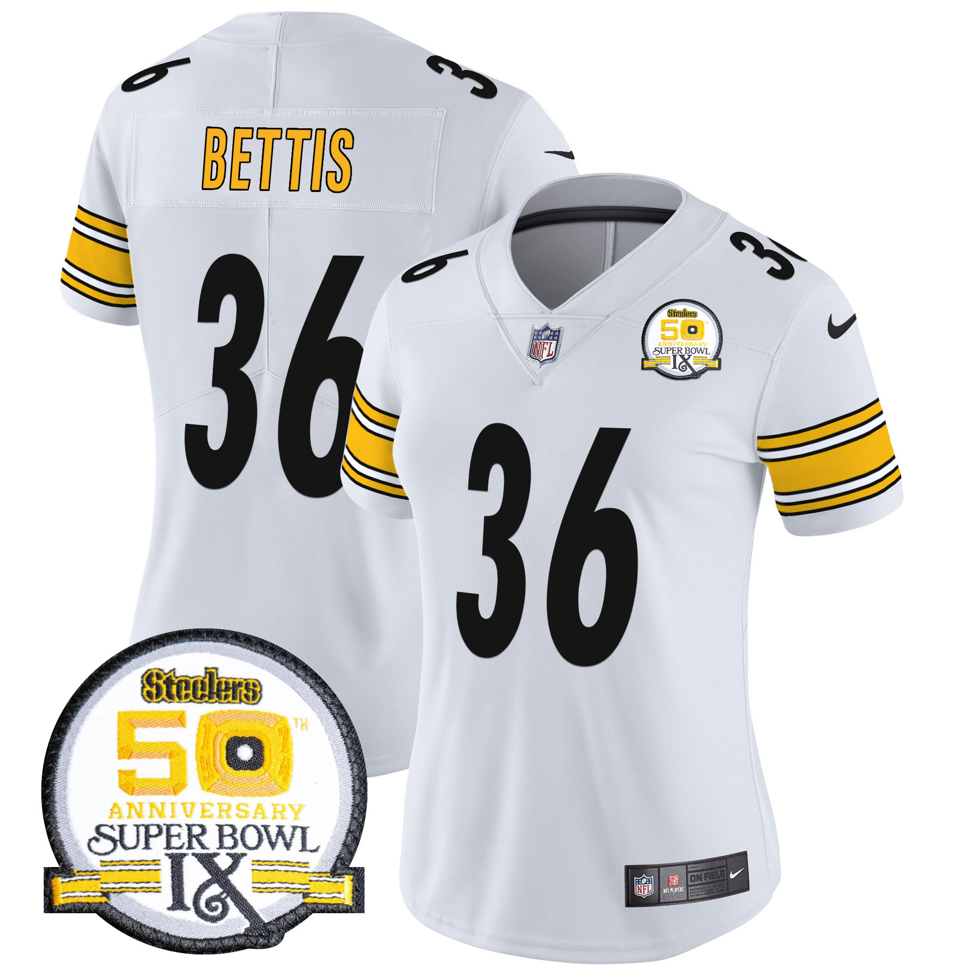 Women's Jerome Bettis Pittsburgh Steelers 50th Anniversary Of Super Bowl IX Patch Vapor Limited White Jersey - All Stitched