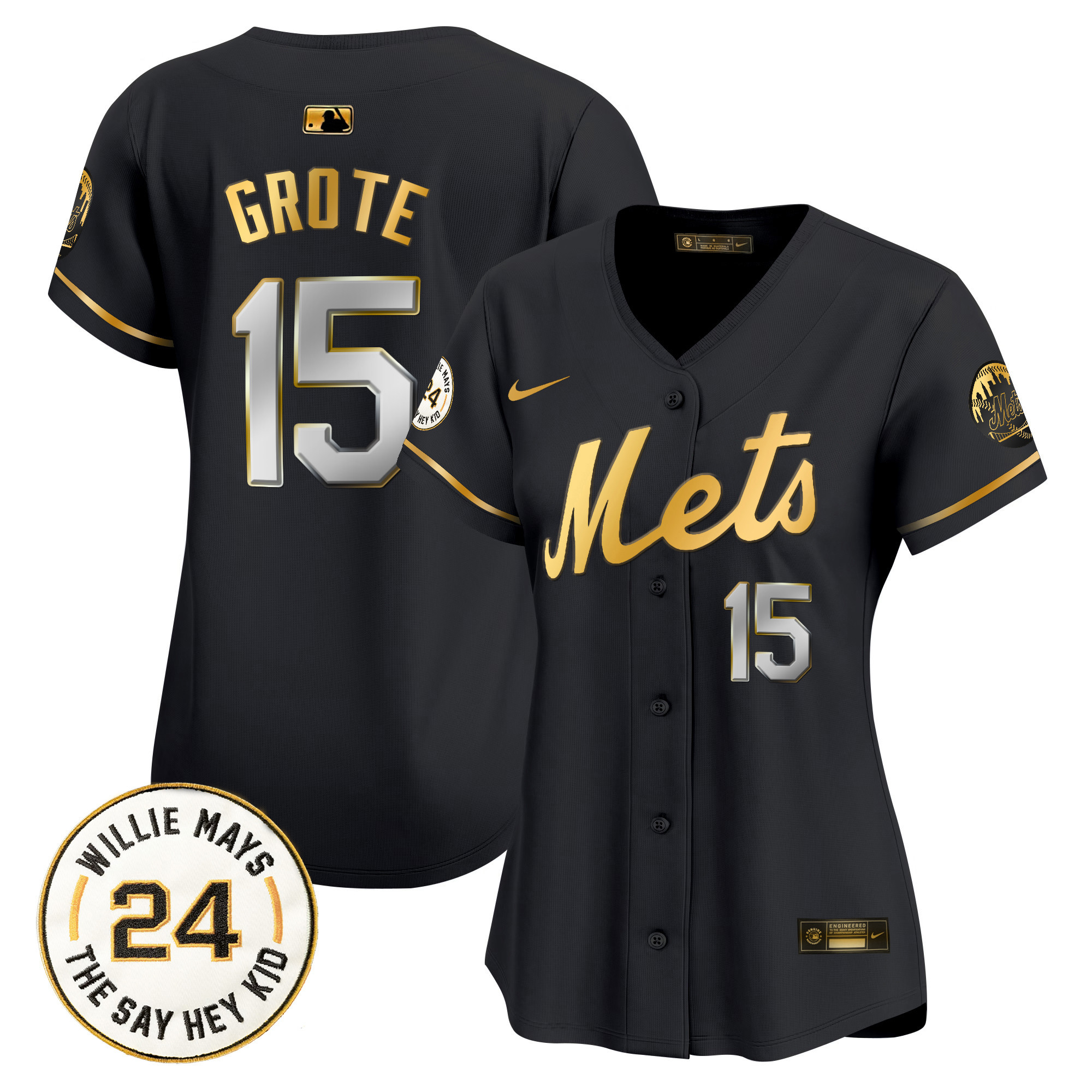 Women's Jerry Grote New York Mets Willie Mays Patch Vapor Premier Limited Black Gold Jersey - All Stitched