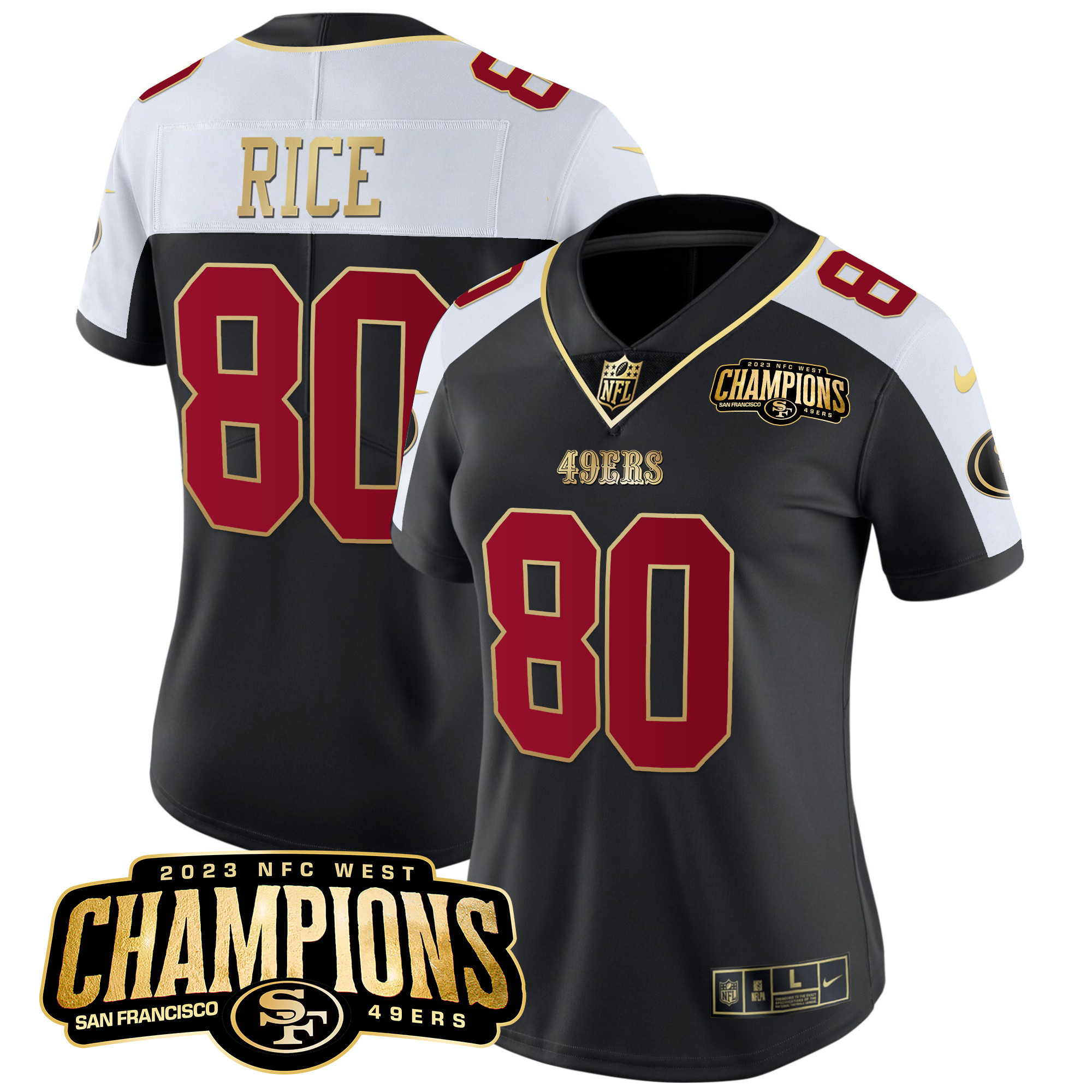 Women's Jerry Rice San Francisco 49ers 2023 NFC West Champions Patch Vapor Black Alternate Jersey V2 - All Stitched