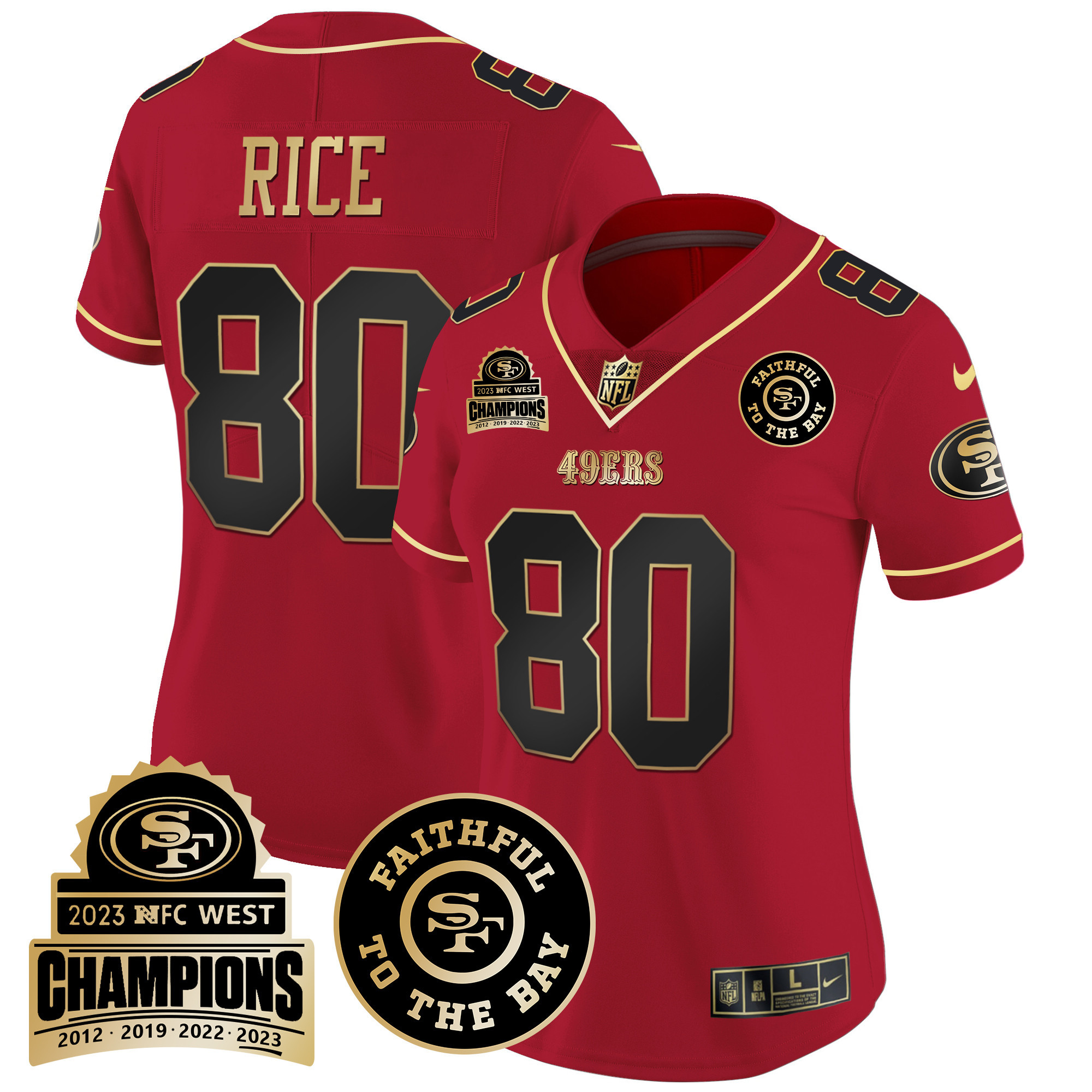 Women's Jerry Rice San Francisco 49ers 2023 NFC West Champions Patch Vapor Scarlet Limited Jersey V3 - All Stitched