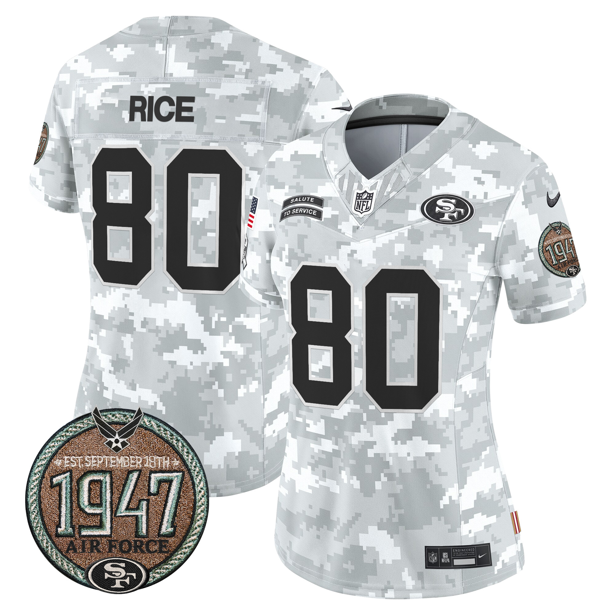Women's Jerry Rice San Francisco 49ers 2024 Salute to Service Establishment Year Patch Vapor Limited Air Force Jersey - All Stitched