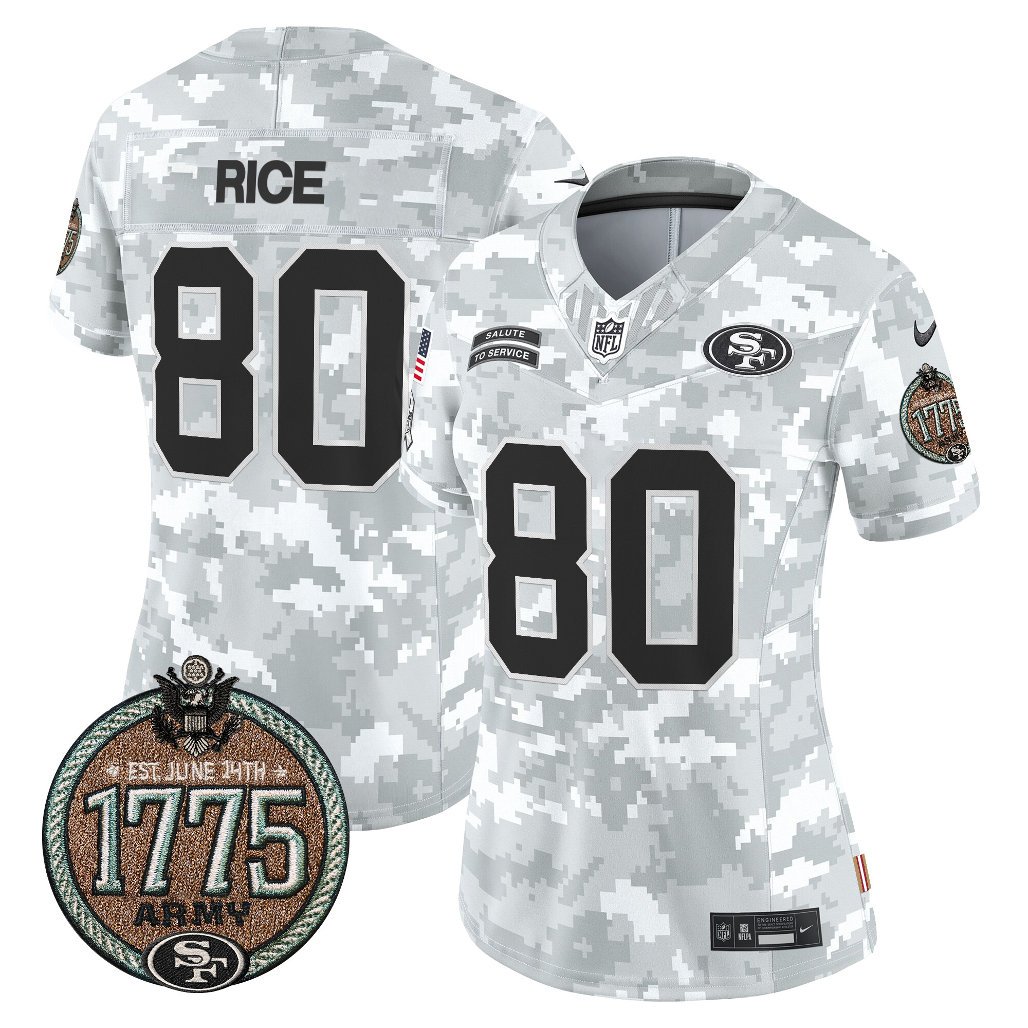 Women's Jerry Rice San Francisco 49ers 2024 Salute to Service Establishment Year Patch Vapor Limited Army Jersey - All Stitched