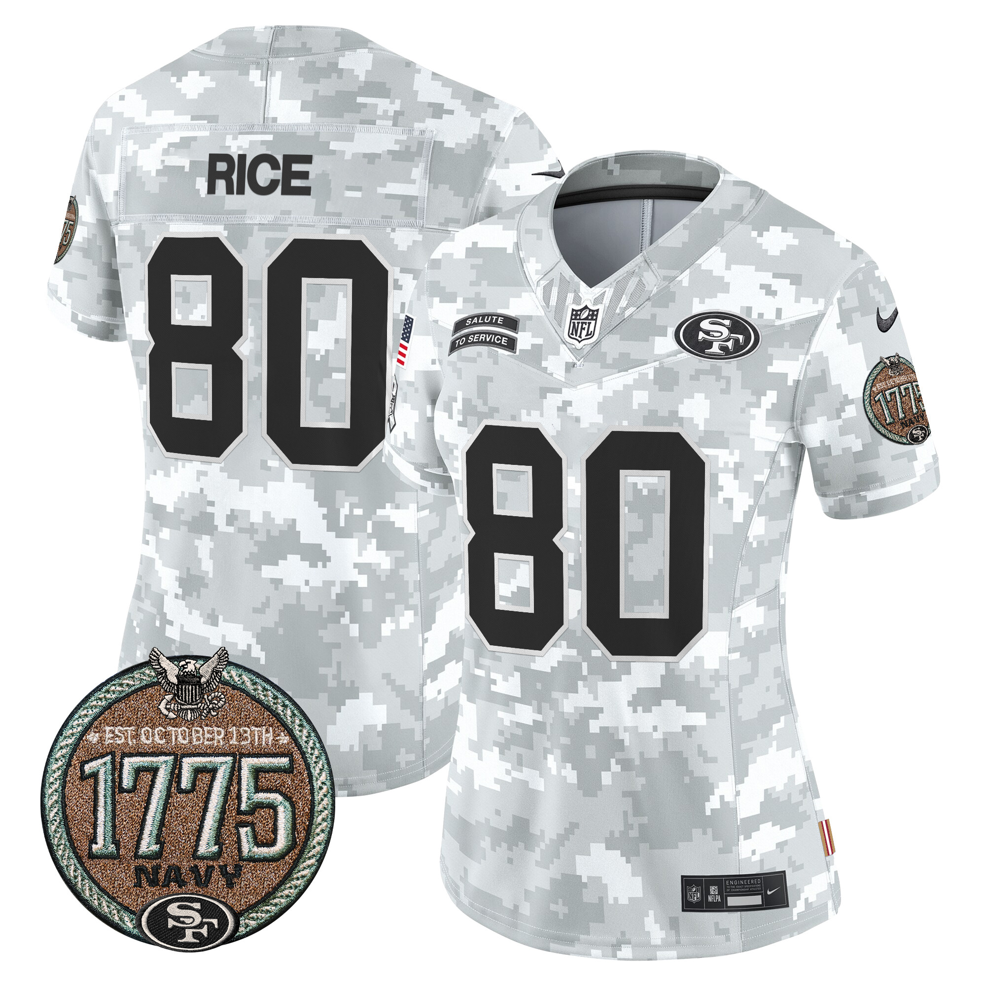 Women's Jerry Rice San Francisco 49ers 2024 Salute to Service Establishment Year Patch Vapor Limited Navy Jersey - All Stitched