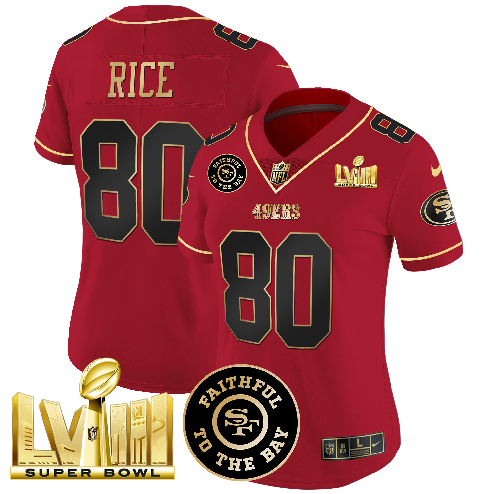 Women's Jerry Rice San Francisco 49ers Faithful & Super Bowl LVIII Gold Patch Vapor Scarlet Limited Jersey - All Stitched