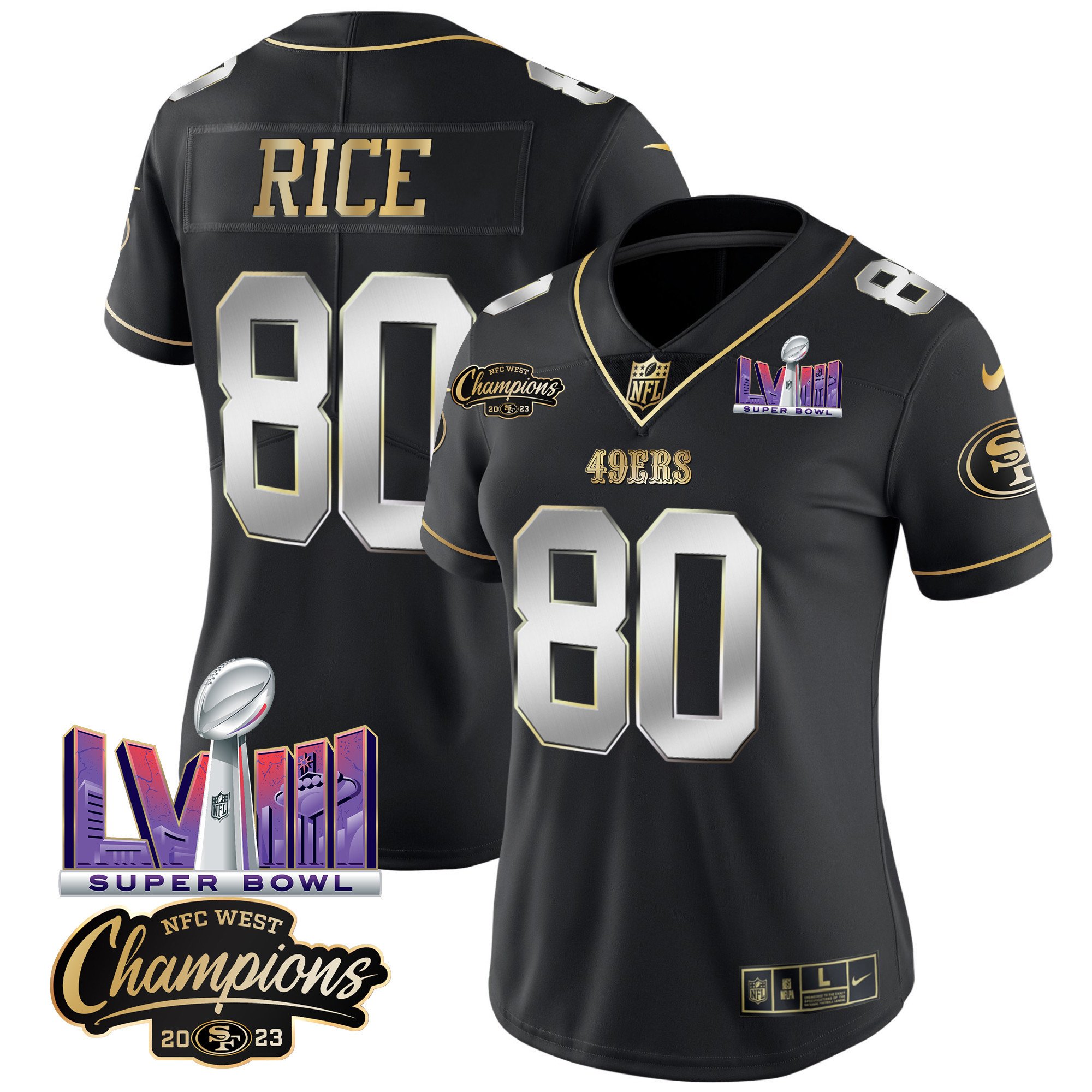 Women's Jerry Rice San Francisco 49ers NFC West Champions & Super Bowl LVIII Patch Vapor Black Limited Jersey V2 - All Stitched
