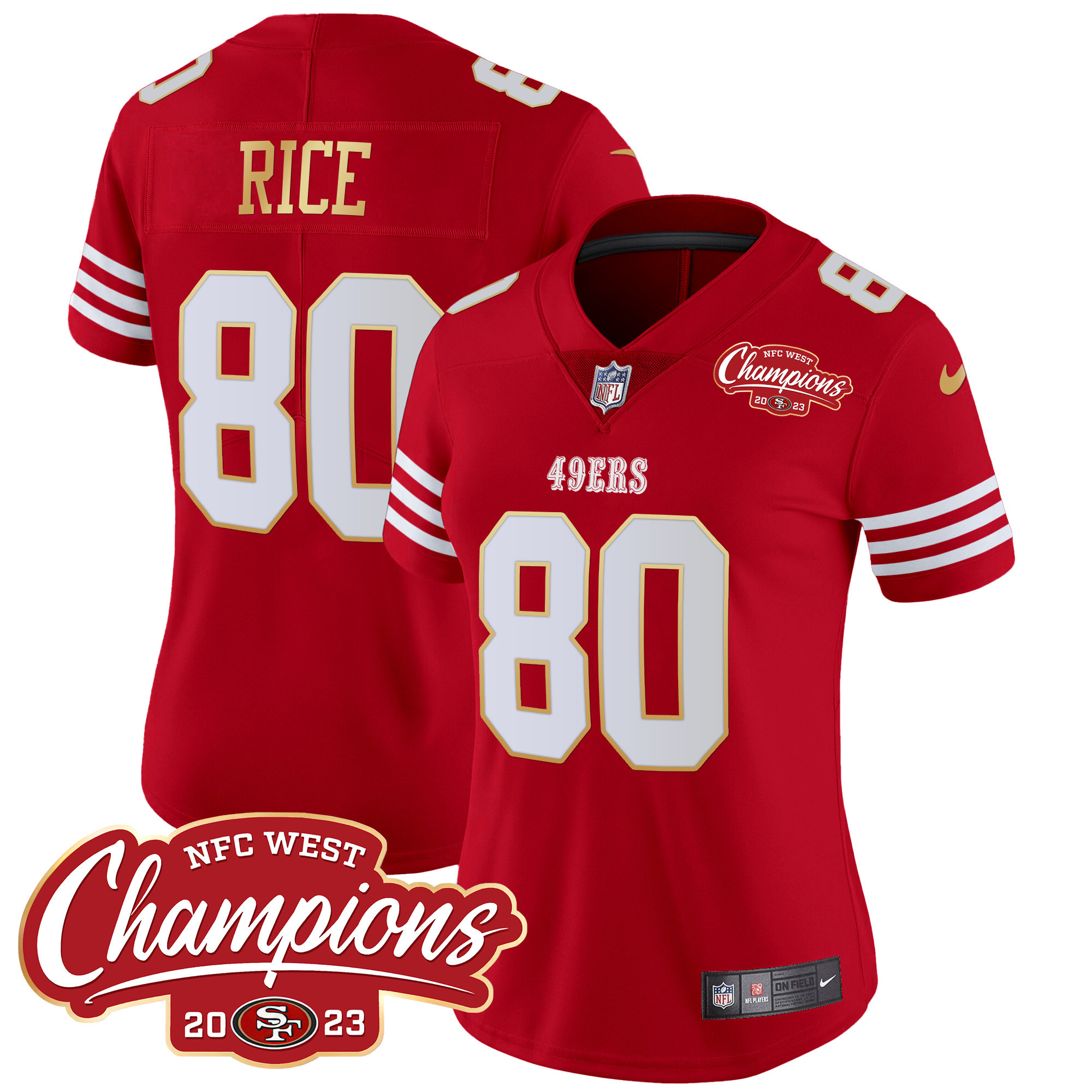 Women's Jerry Rice San Francisco 49ers NFC West Champions Gold Trim Vapor Red Jersey - All Stitched