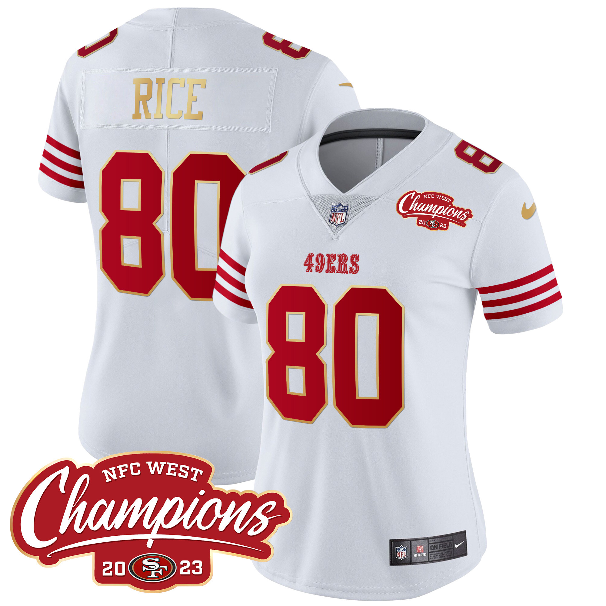 Women's Jerry Rice San Francisco 49ers NFC West Champions Gold Trim Vapor White Jersey - All Stitched