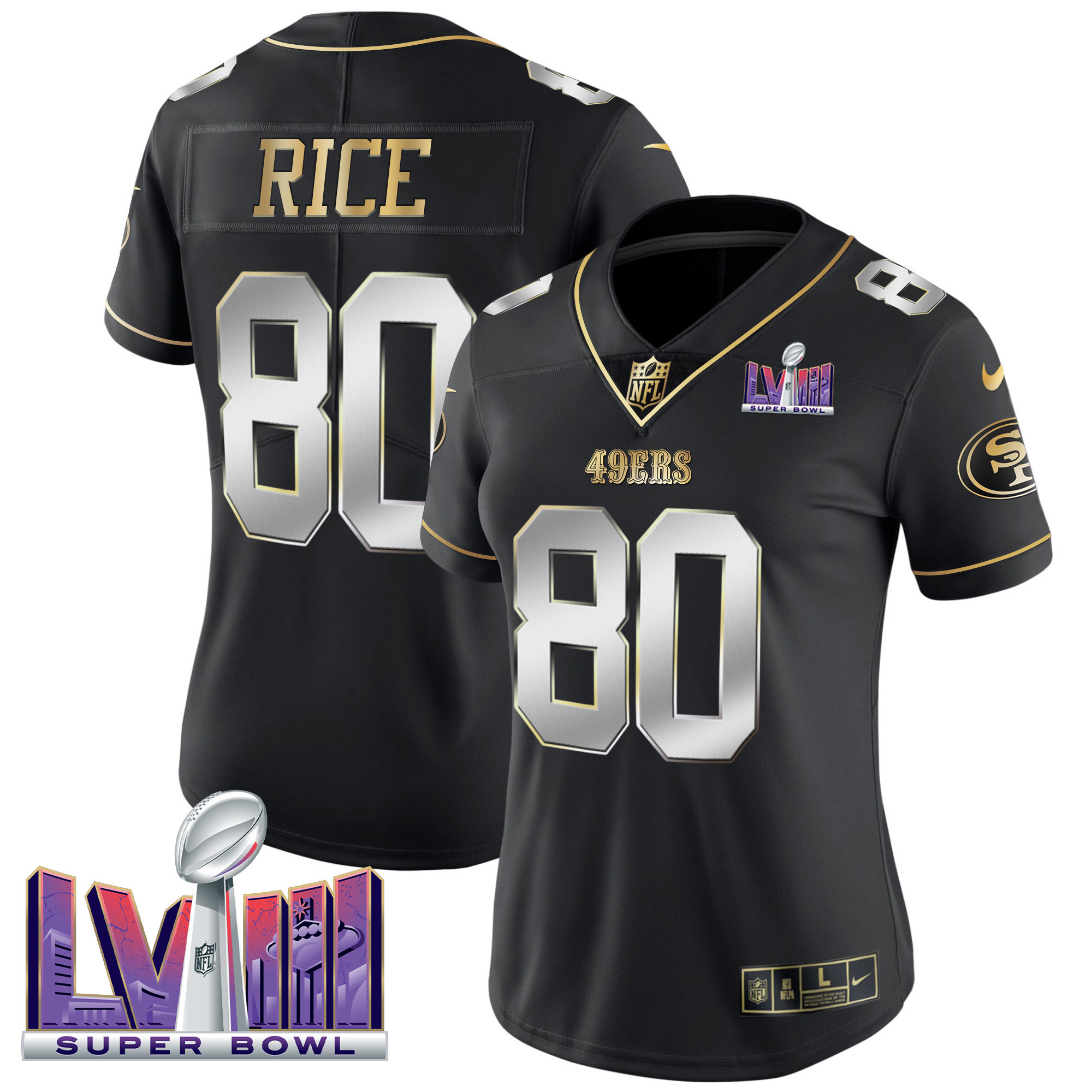 Women's Jerry Rice San Francisco 49ers Super Bowl LVIII Patch Vapor Black Limited Jersey - All Stitched