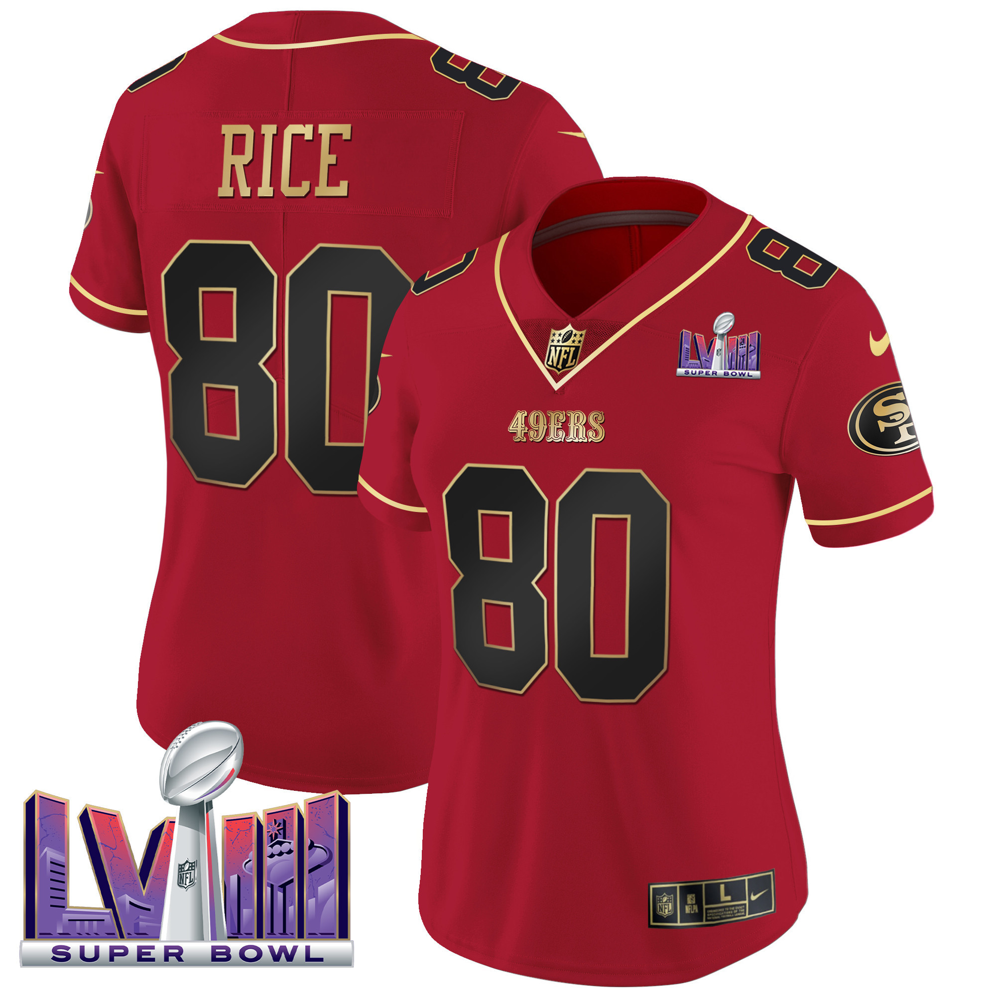 Women's Jerry Rice San Francisco 49ers Super Bowl LVIII Patch Vapor Scarlet Limited Jersey - All Stitched
