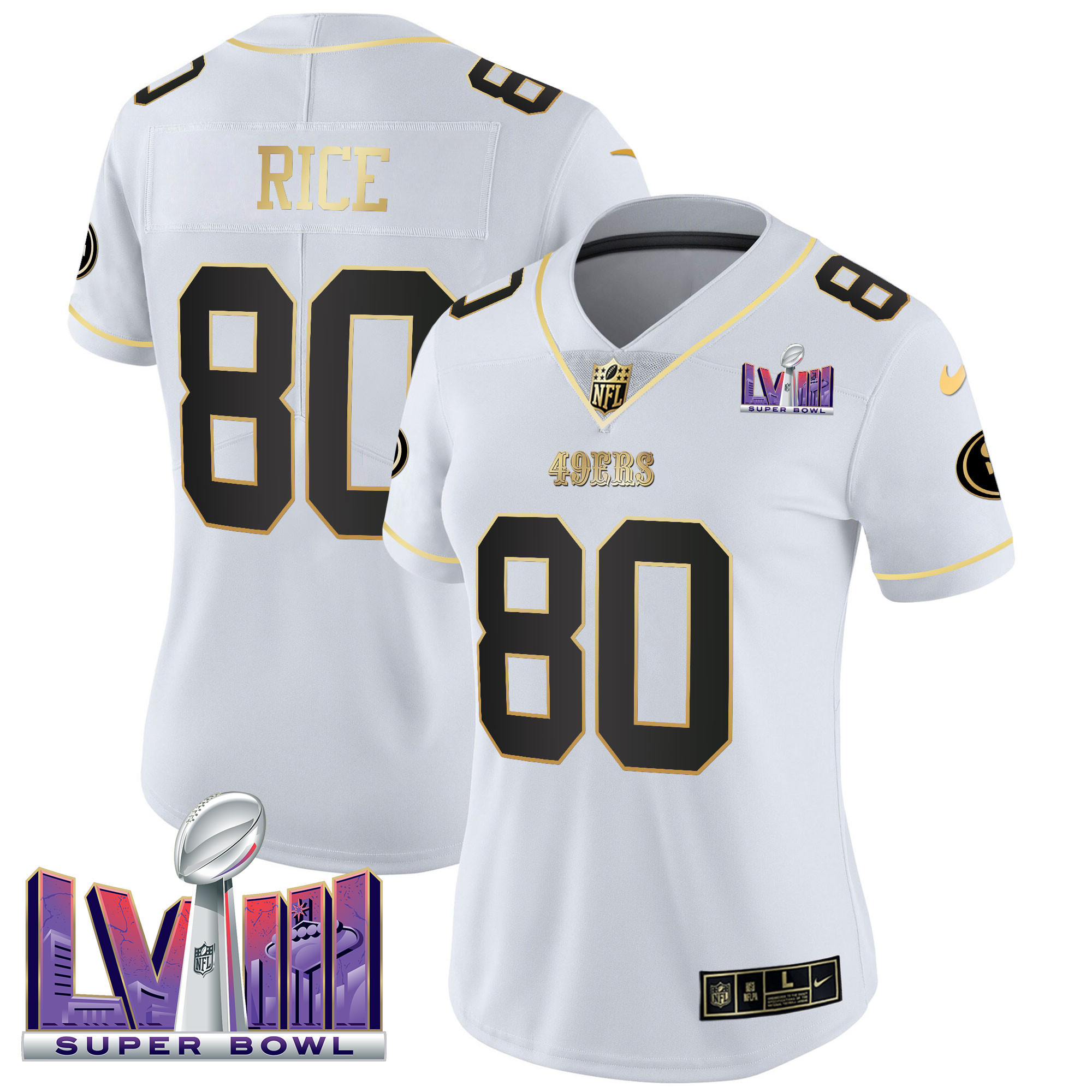 Women's Jerry Rice San Francisco 49ers Super Bowl LVIII Patch Vapor White Gold Jersey V2 - All Stitched