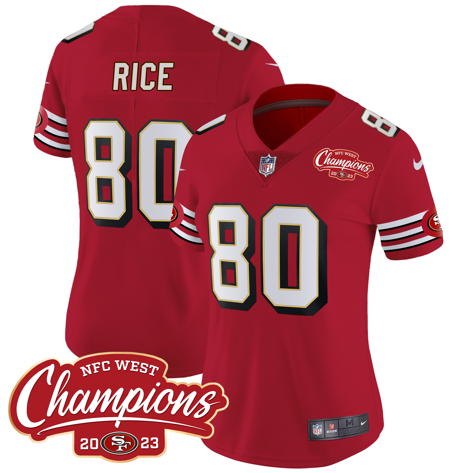 Women's Jerry Rice San Francisco 49ers Throwback NFC West Champions Patch Vapor Red Jersey - All Stitched