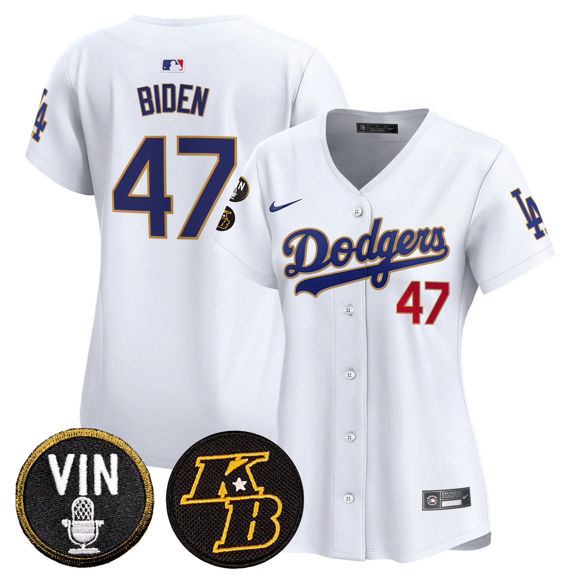 Women's Joe Biden Los Angeles Dodgers Vin & Kobe Patch Gold Trim Vapor Premier Limited White Jersey - All Stitched