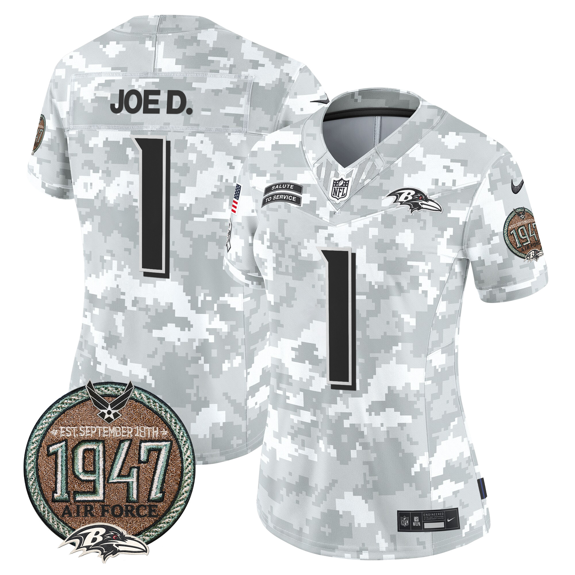 Women's Joe D Baltimore Ravens 2024 Salute to Service Establishment Year Patch Vapor Limited Air Force Jersey - All Stitched