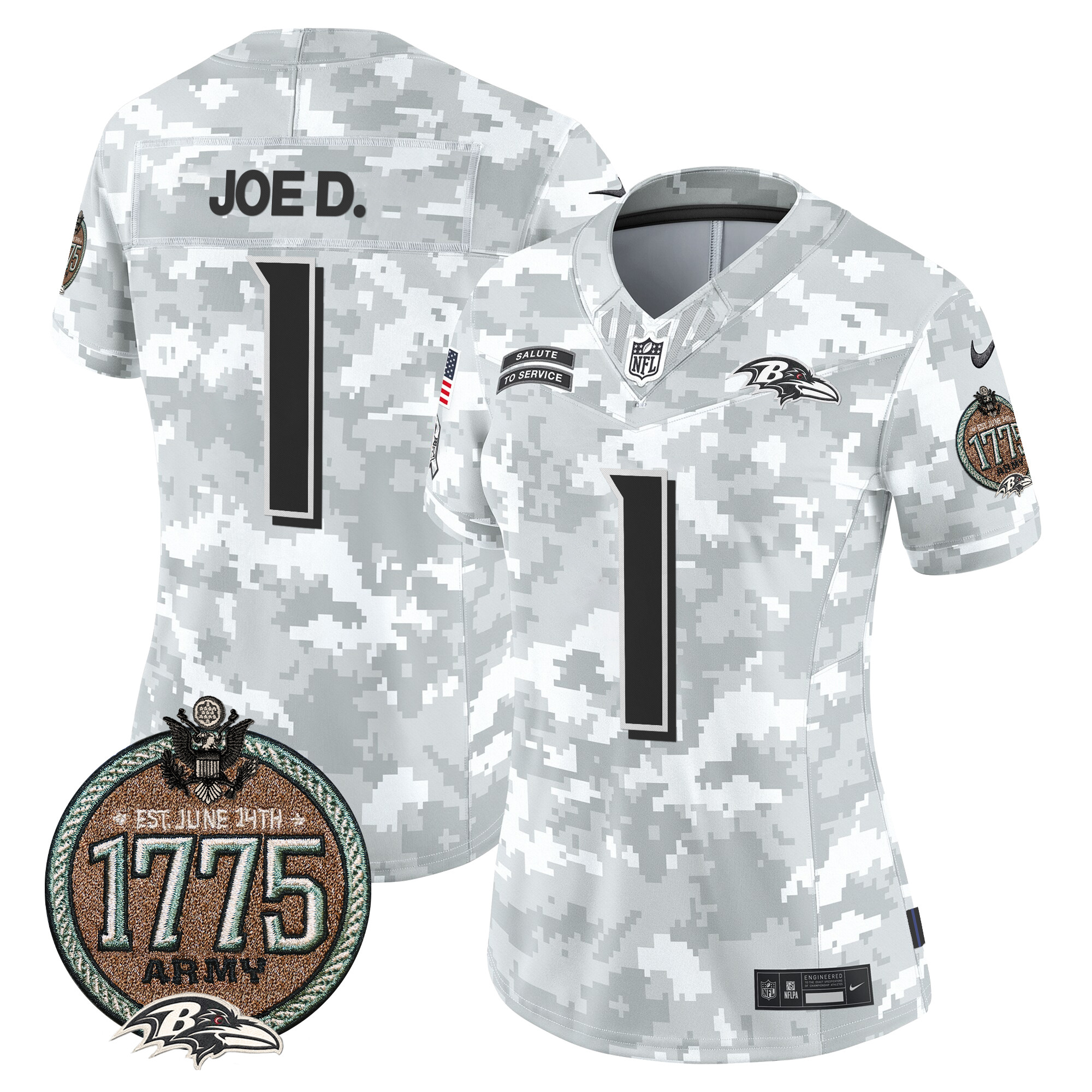 Women's Joe D Baltimore Ravens 2024 Salute to Service Establishment Year Patch Vapor Limited Army Jersey - All Stitched